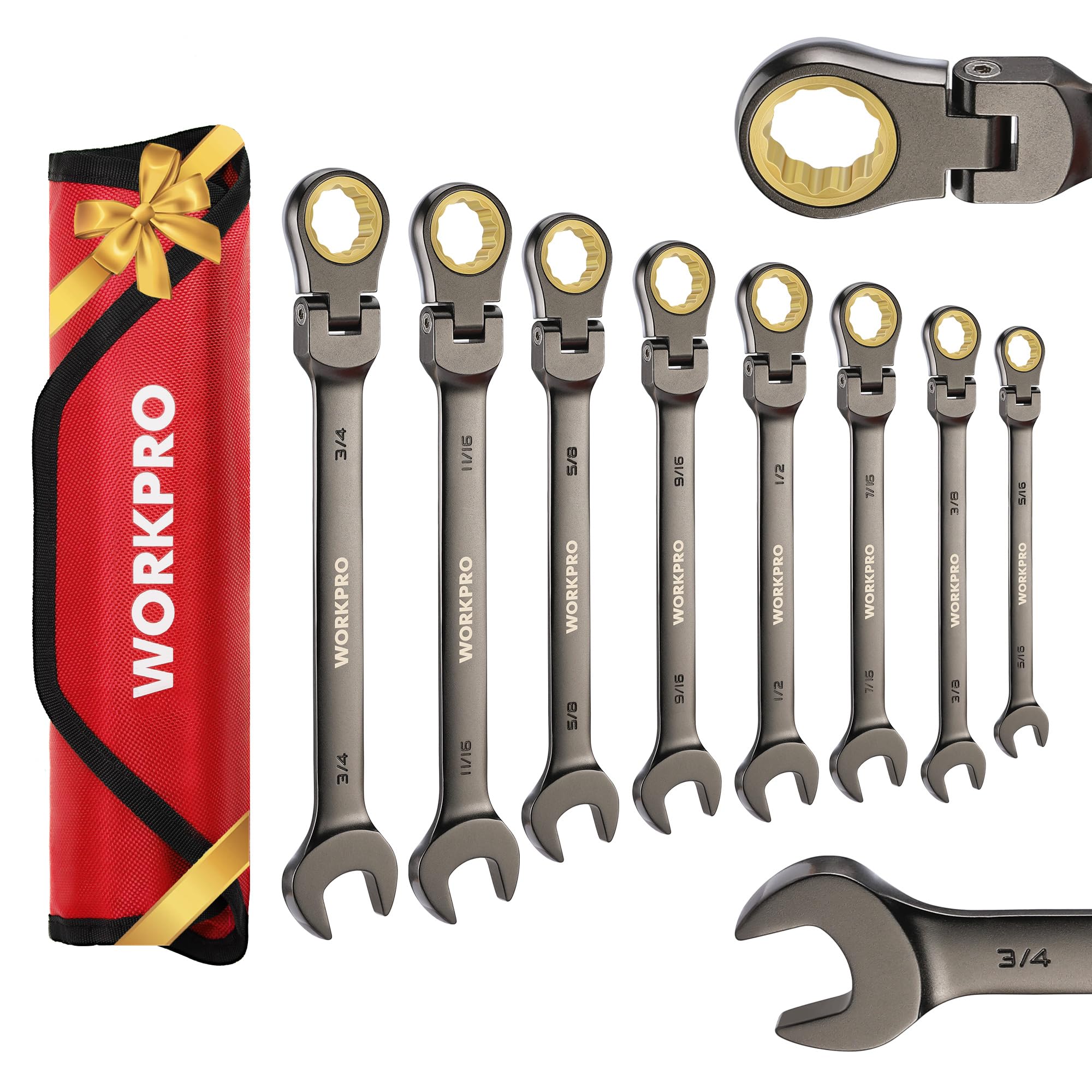 WORKPRO 8-piece Flex-Head Ratcheting Combination Wrench Set, SAE 5/16-3/4 in, 72-Teeth, CR-V Constructed, Nickel Plating with Organizer Bag