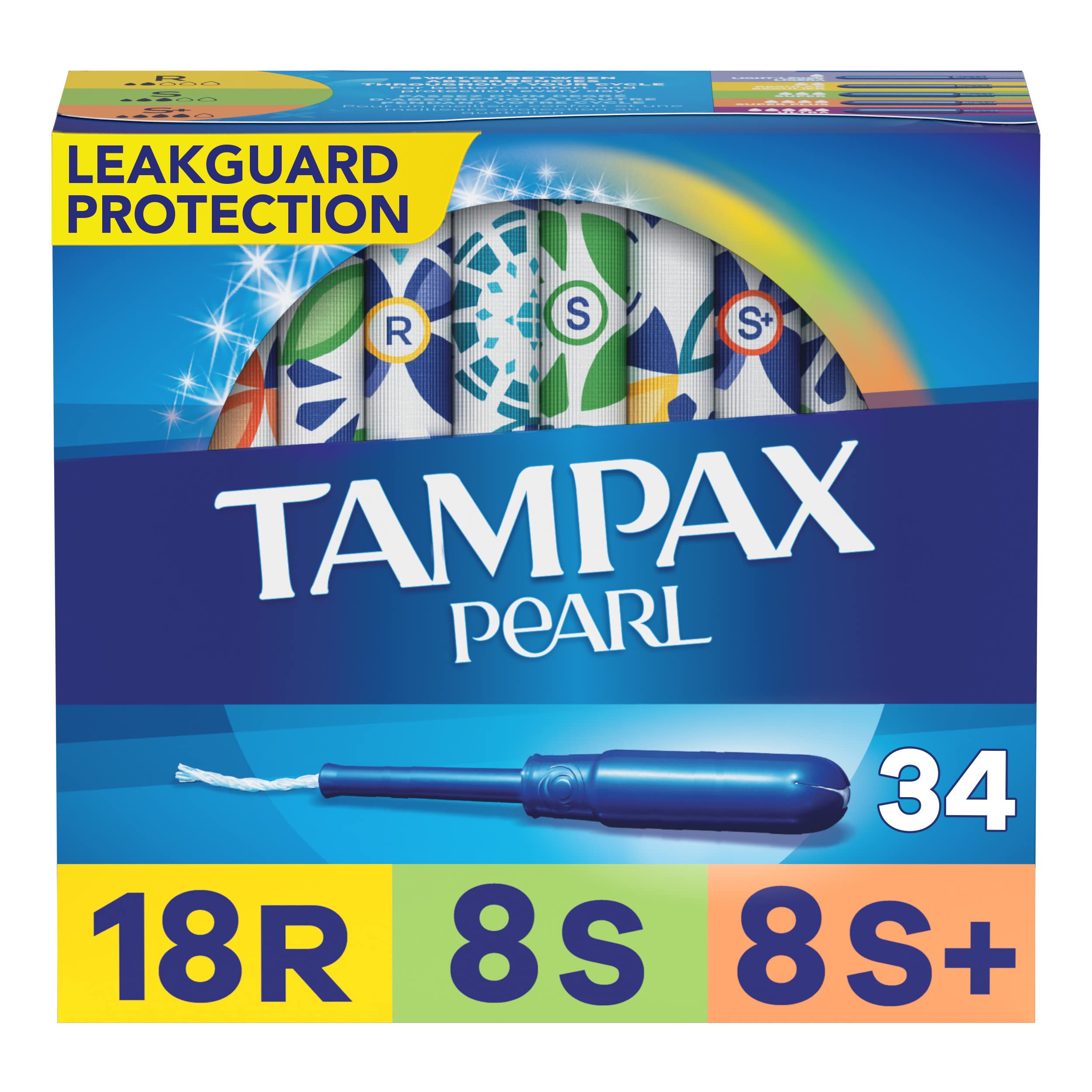 TampaxPearl Tampons Multipack, Regular/Super Plus Absorbency, With Leakguard Braid, Unscented, 34 Count