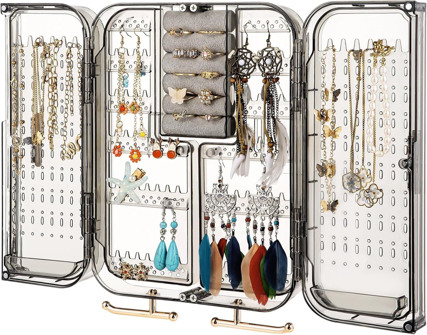 Supvox Jewelry Organizer, Multifunction Clear Necklace Organizer, with Magnetic double door and Dust-proof design Wall Mounted Jewelry Display Case, for Dresser Bathroom Vanity Countertop (Ash Gold)