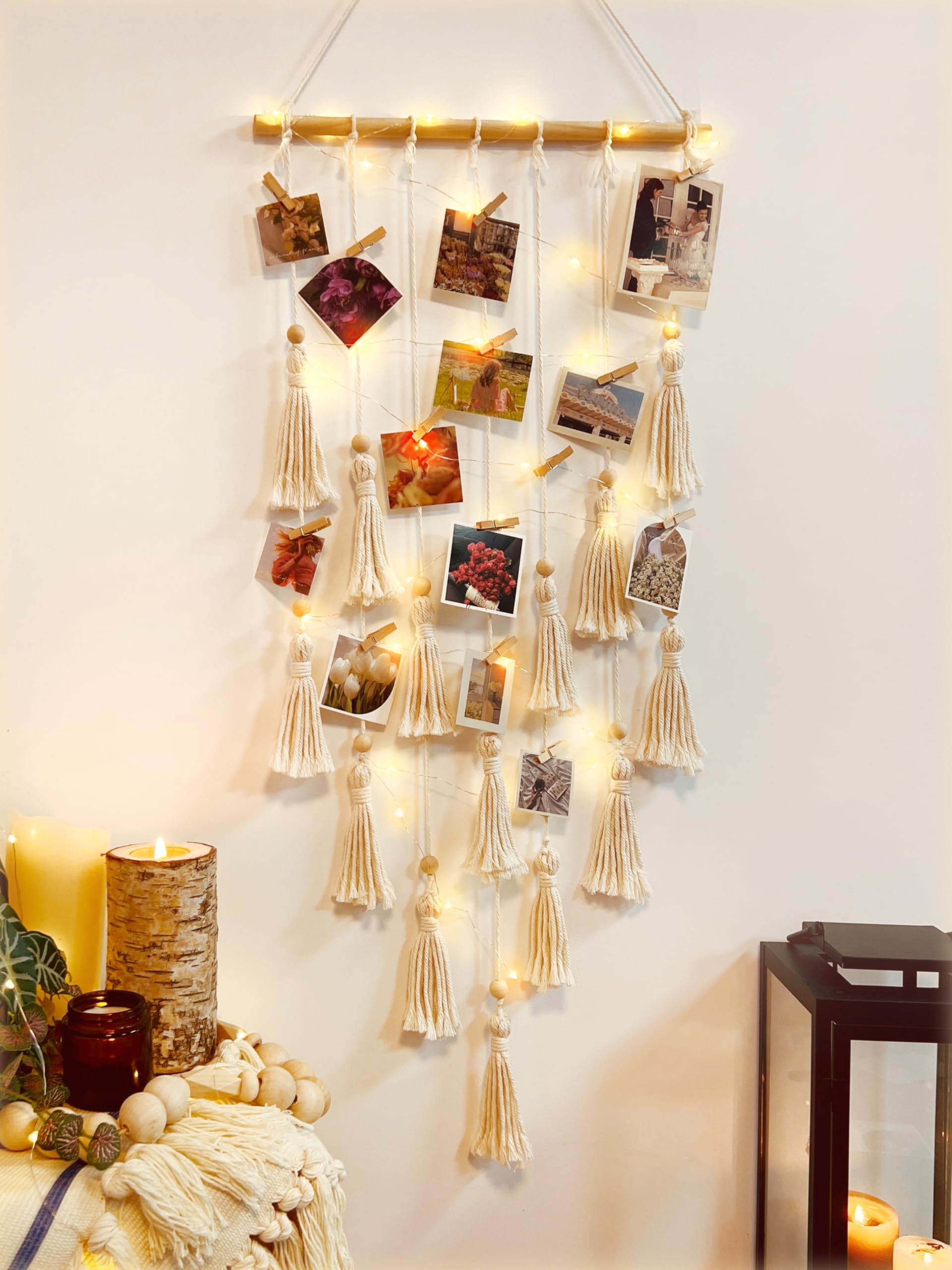 ANROYE Macrame Hanging Photo Display, Picture Holder with 30 Clips for Bedroom Wall, Polaroid Boho Gallery Hangers for Collage Dorm with LED Light String, Gifts for 10 11 12 13 14 Year Old Teen Girl