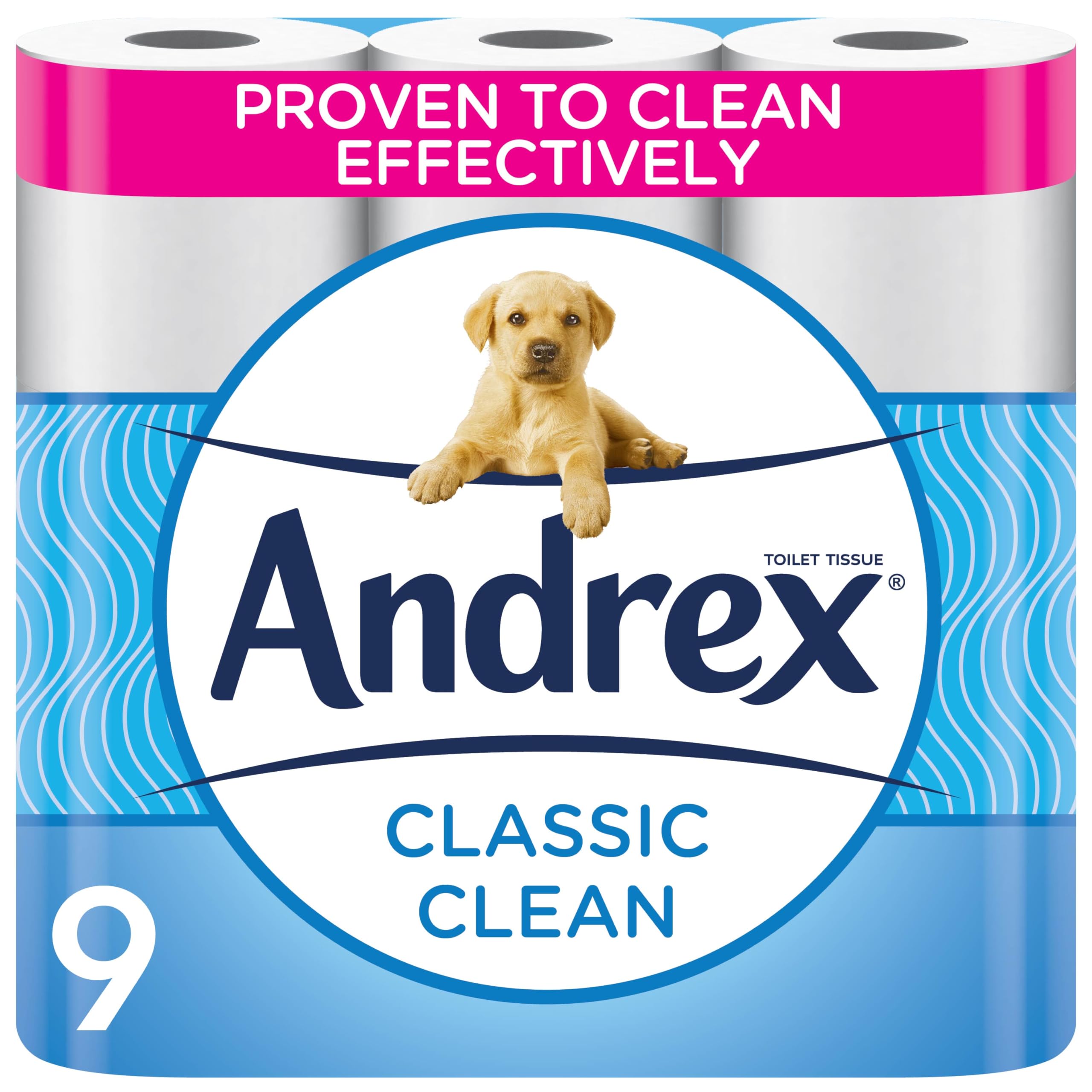 AndrexComplete Clean Toilet Tissue Standard Rolls, Unique 3D Wave Texture for a Proven, Effective Clean, Loo Rolls, 9 Toilet Rolls