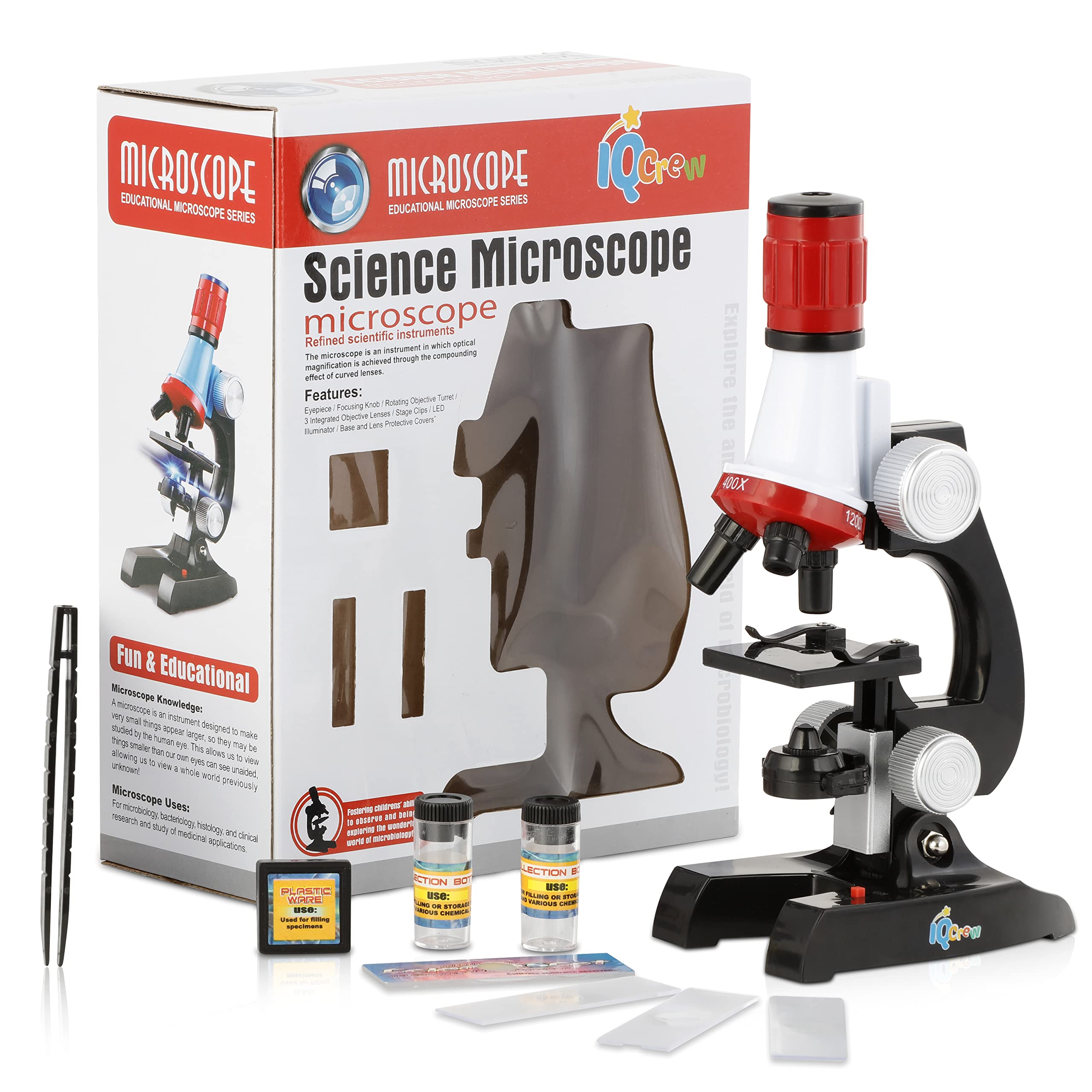 AmScope-ETXWJ04 IQCREW 100X-1200X LED Kids Beginner Microscope Toy Set + Slides Preparation Kit