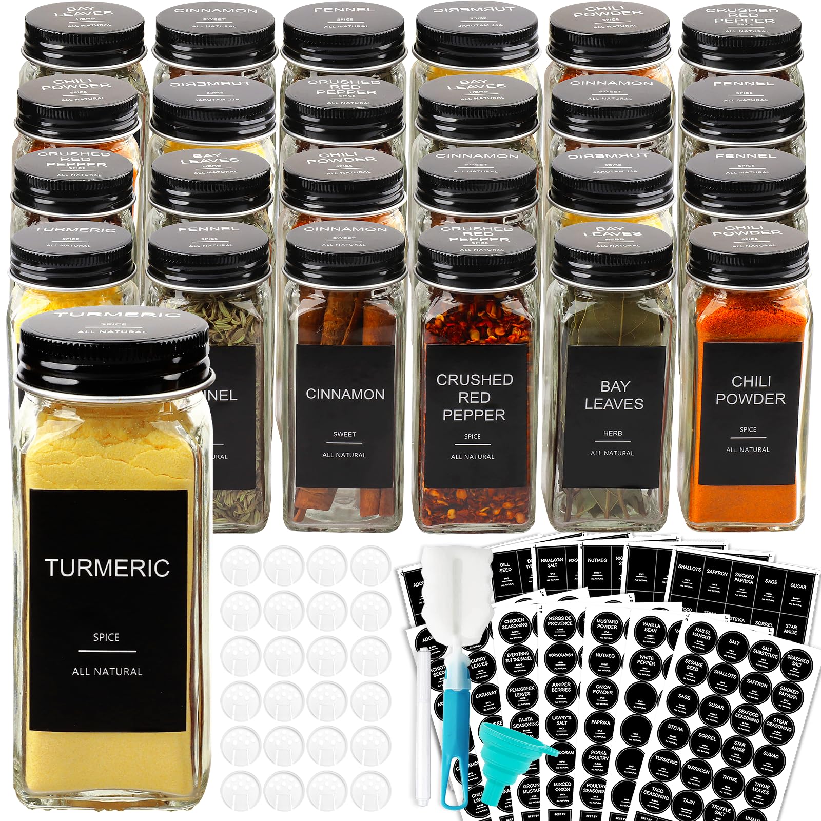 AISIPRIN24 Pcs Glass Spice Jars with 398 Labels, 4oz Empty Square Spice Containers Seasoning Bottles - Shaker Lids, Funnel, Brush and Marker Included(Black Metal Caps)