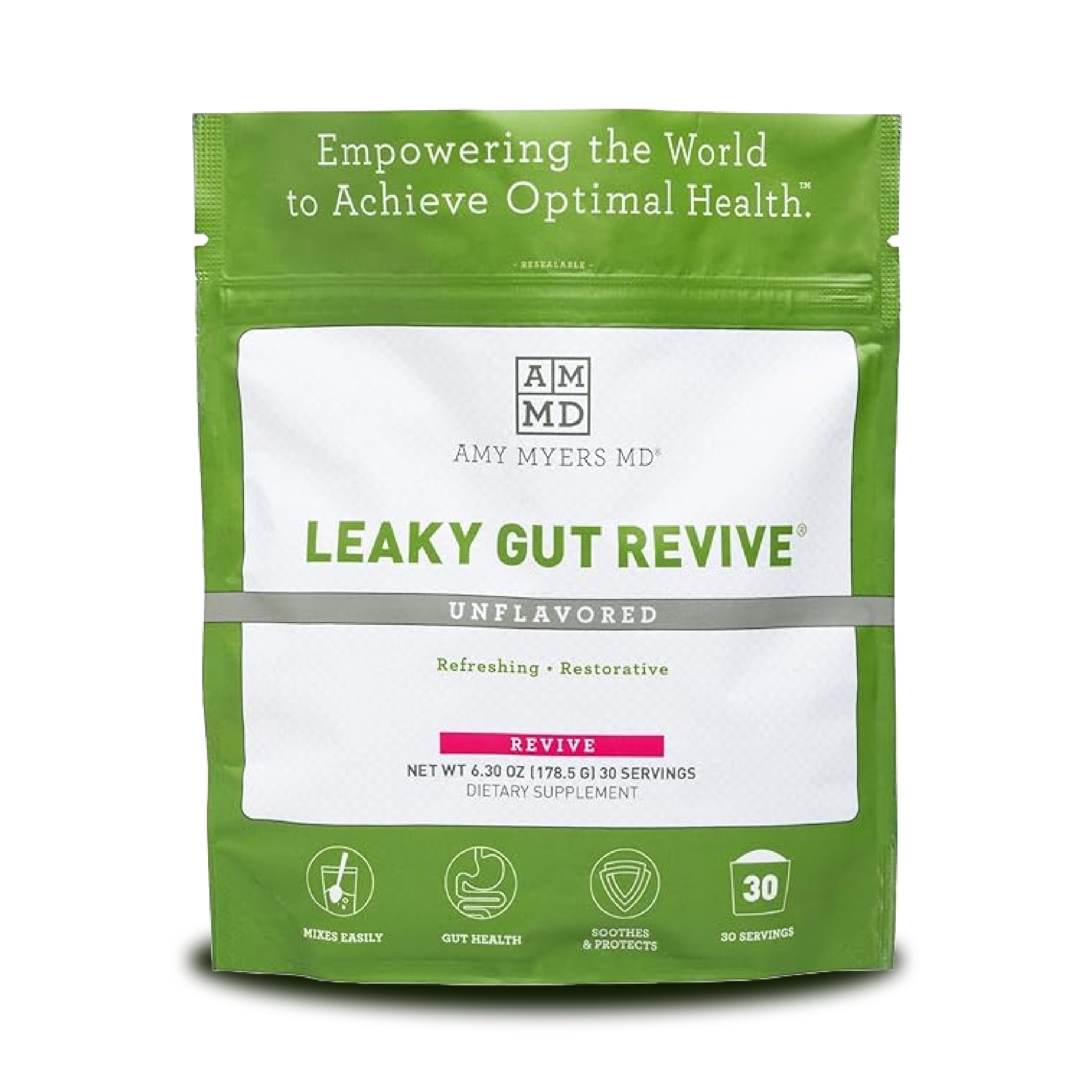 Amy Myers MD Leaky Gut Revive Powder for Leaky Gut Repair -L Glutamine, Slippery Elm -Supports Constipation, Diarrhea, Bloating, Heartburn, SIBO -Licorice & Marshmallow Root - Unflavoured-6.30 Oz