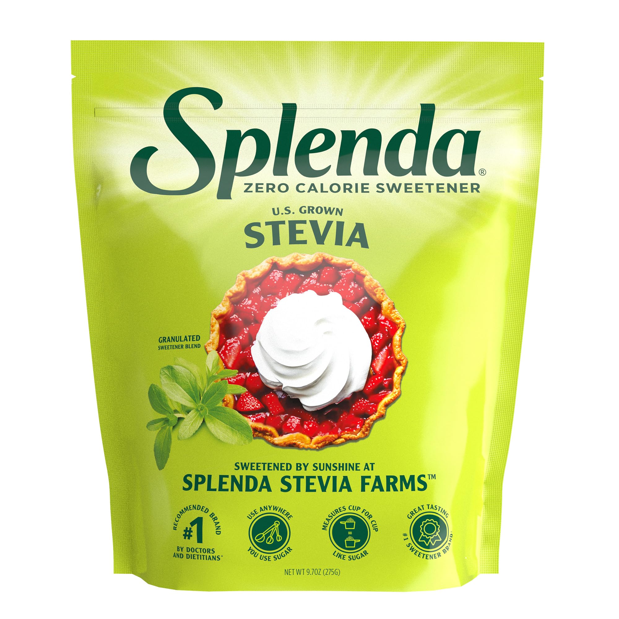 SPLENDAStevia Zero Calorie Sweetener for Baking, Plant Based Sugar Substitute Granulated Powder, 9.7oz Resealable Pouch