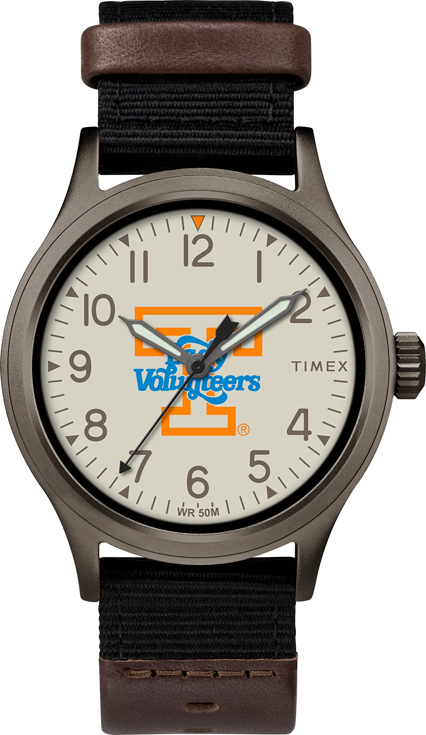 Timex Men's Collegiate Clutch 40mm Watch – Tennessee Lady Volunteers with Black Fabric & Brown Leather Strap, Black