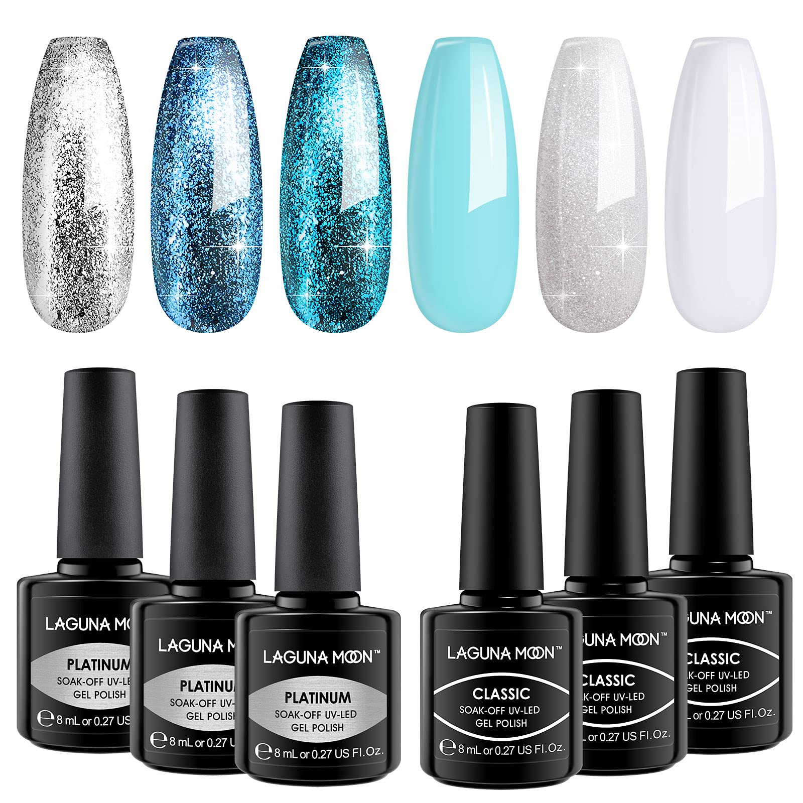 LagunaMoon Gel Nail Polish Set - 6 Colours Metallic Blue Silver Glitter White Pigmented High-Shine Kit Gel Polish for Salon Quality DIY Nails - UV LED Soak Off Lacquer Kit Varnish Manicure & Pedicure