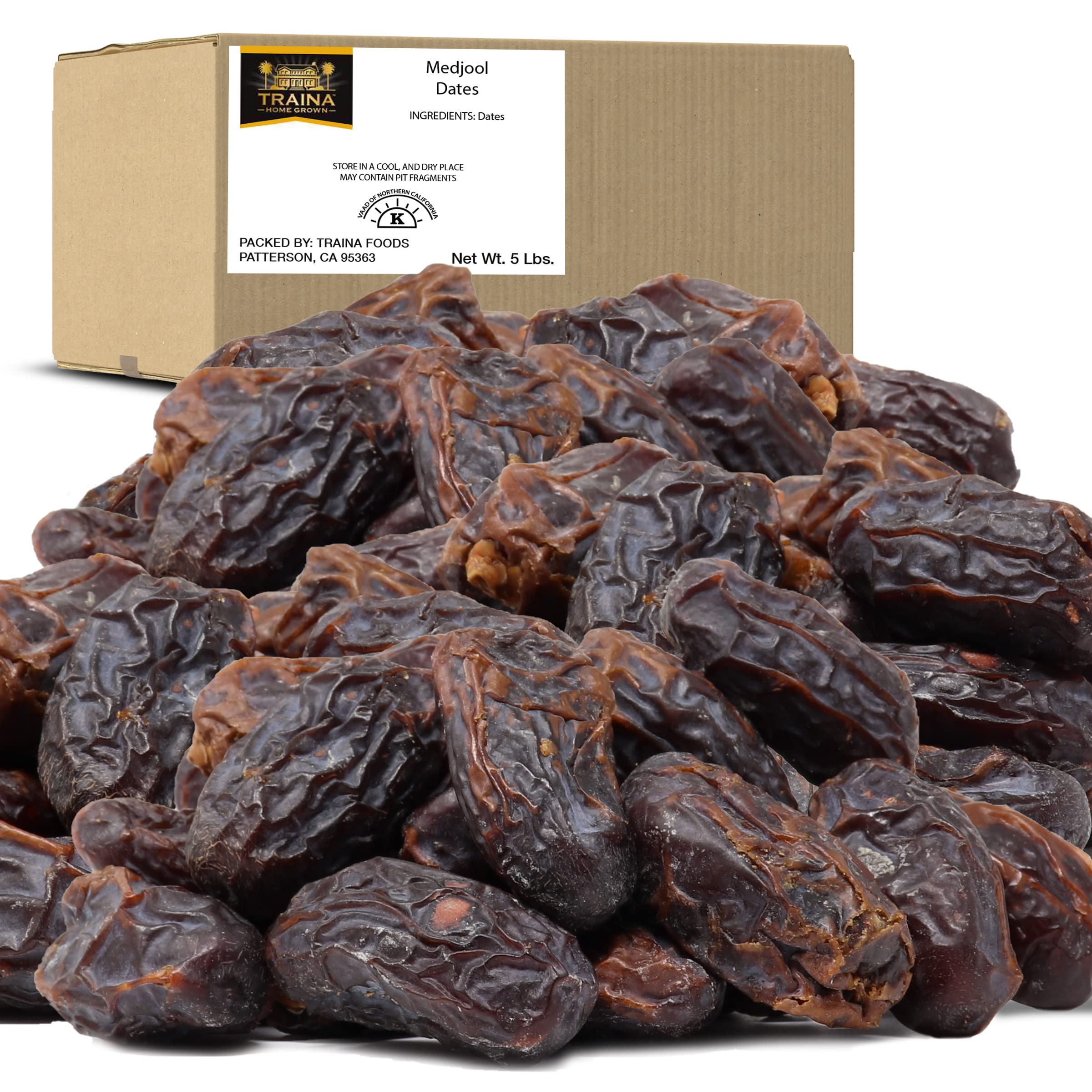 Traina Home Grown California Sun Dried California Medjool Dates - Healthy, No Added Sugar, Non GMO, Gluten Free, Kosher Certified, Vegan, Value Size (5 lbs)