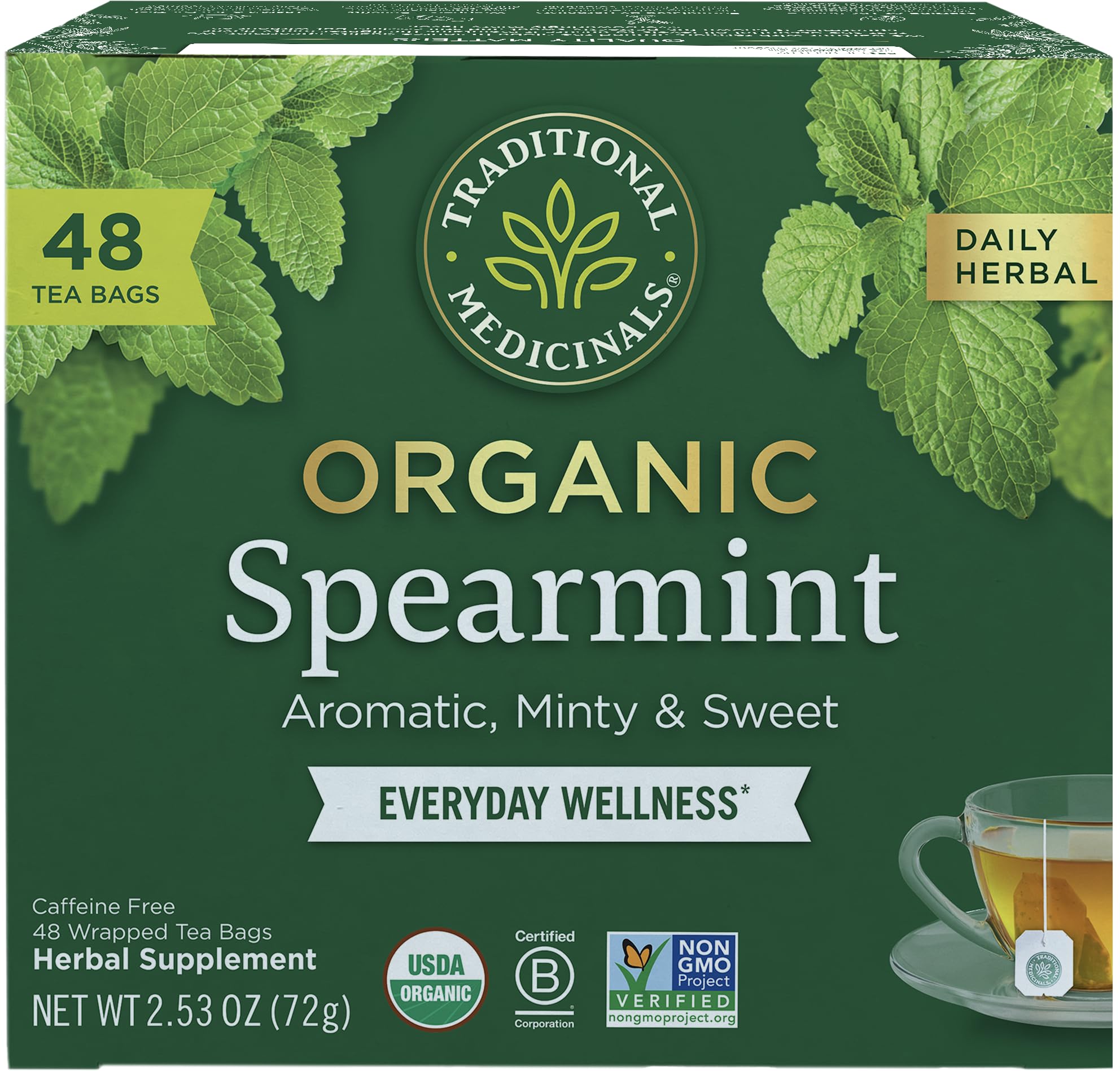 Traditional Medicinals Tea, Organic Spearmint, Supports Everyday Wellness, Healthy & Refreshing - 48 Tea Bags