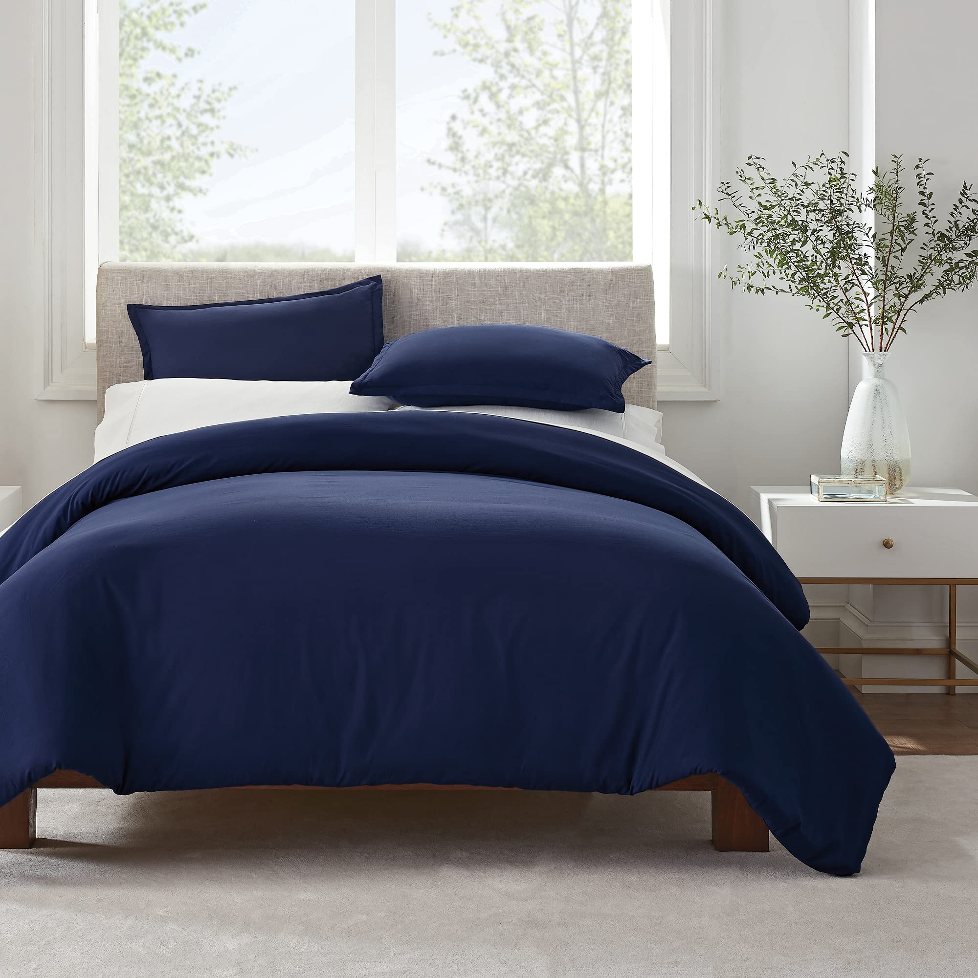 SertaSimply Clean Ultra Soft Hypoallergenic Stain Resistant 2 Piece Solid Duvet Cover Set, Navy, Twin/Twin XL