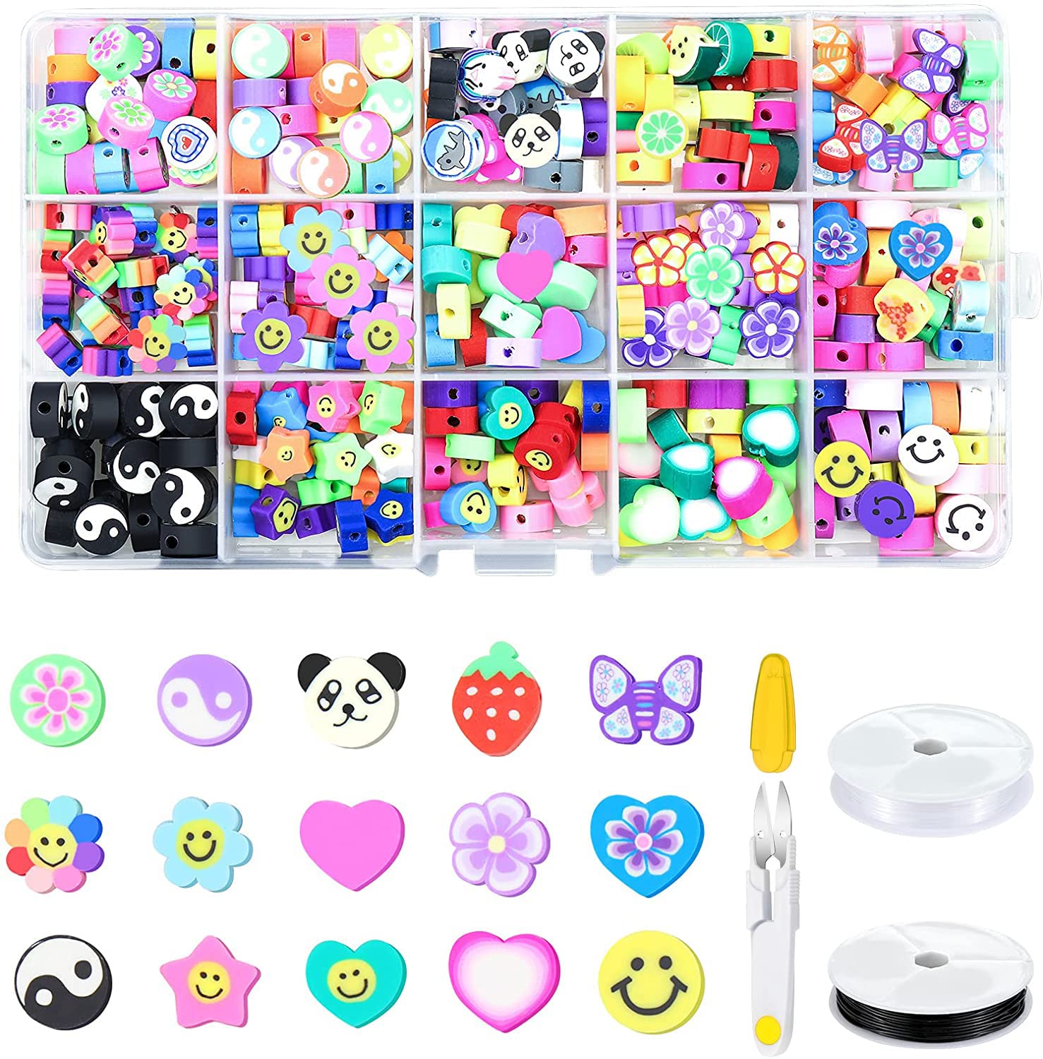 Necomi DIY Beads Set for Jewelry Making Kids, 300 Pcs Smile Face 10mm 15 Styles Clay Spacer Cartoon Fruit Flower Theme with 2 Roll Elastic Strings & Scissors