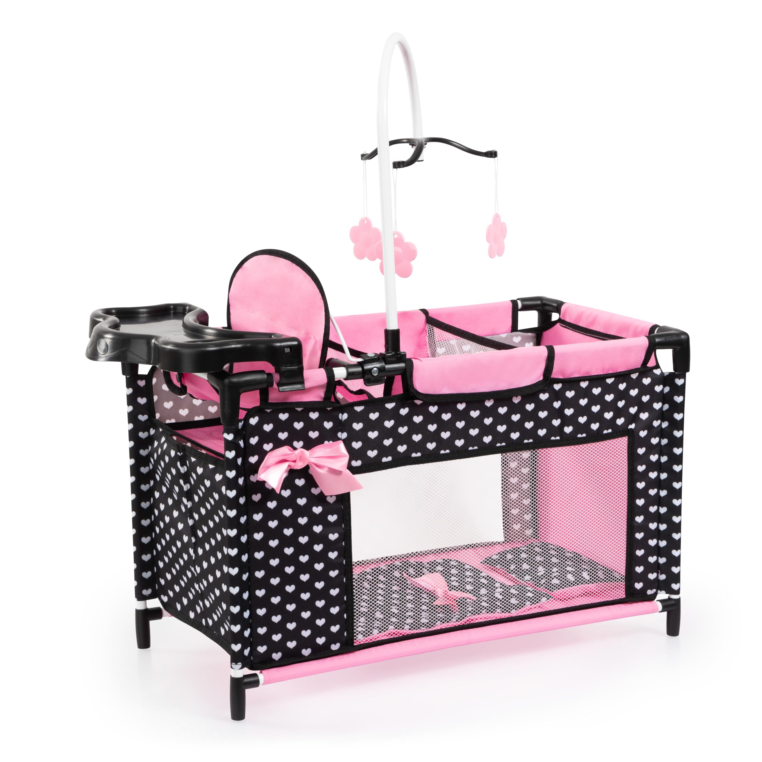 Bayer Design 62660AA Doll bed with integrated high chair, changing table, mobile, black, pink