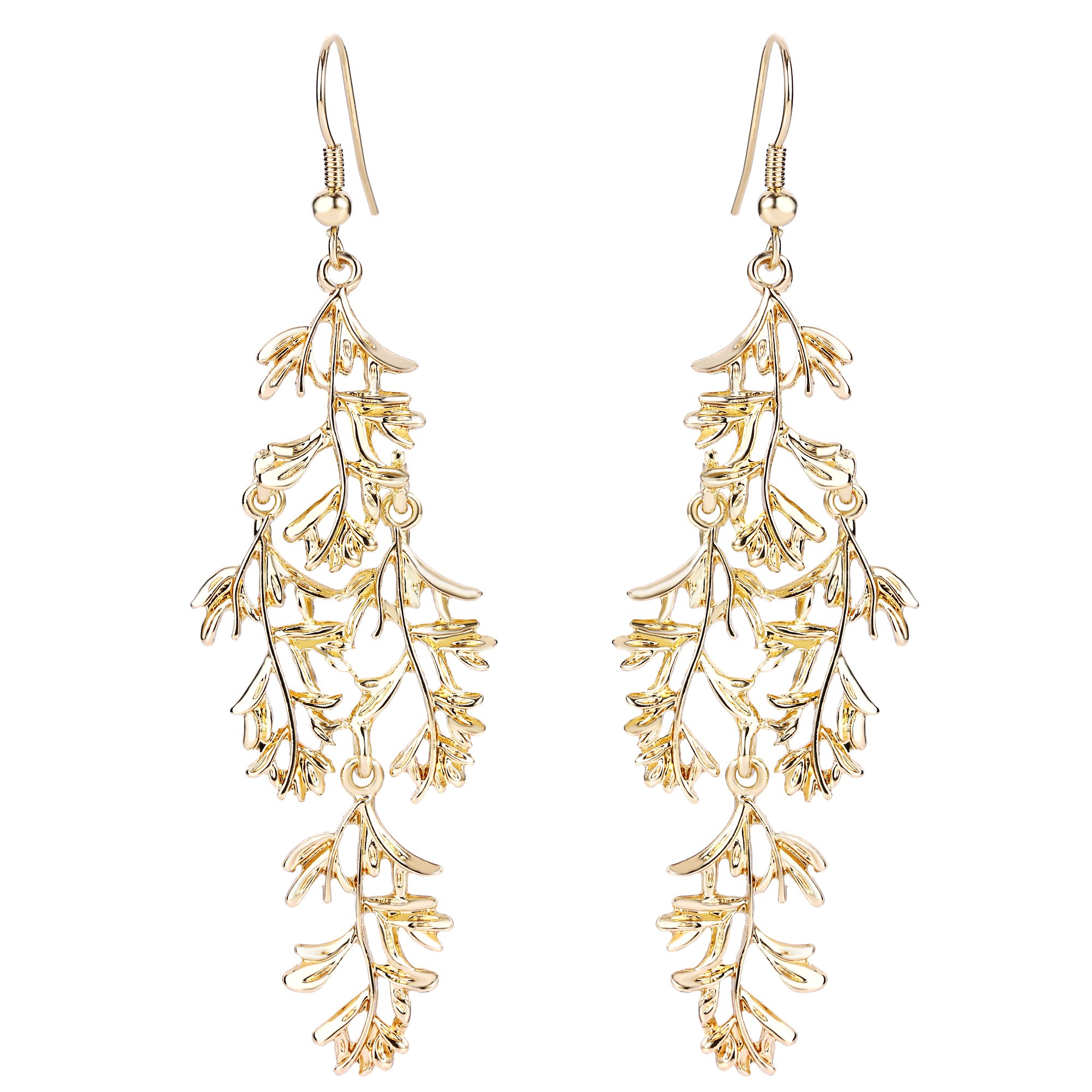 Women's Wedding Bridal Leaf Vine Long Filigree Chandelier Hook Dangle Earrings Gold-Tone