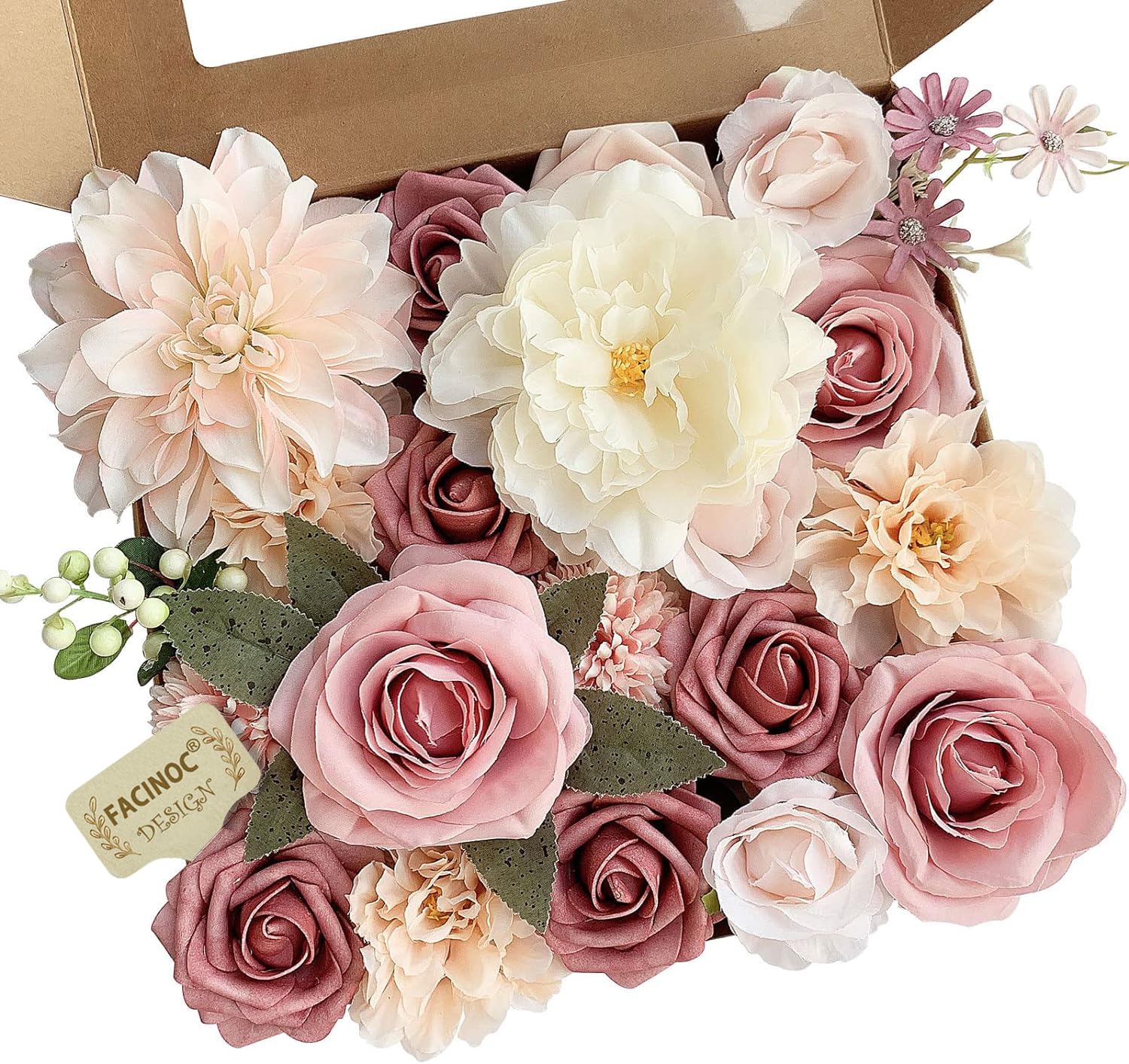 Roses Artificial Flowers Pink Bouquets Box Set for DIY Bridal Wedding Shower Decorations Fake Floral Arrangements for Party Table Centerpieces Home Decor Indoor Outdoor Dusty Blush 19pcs