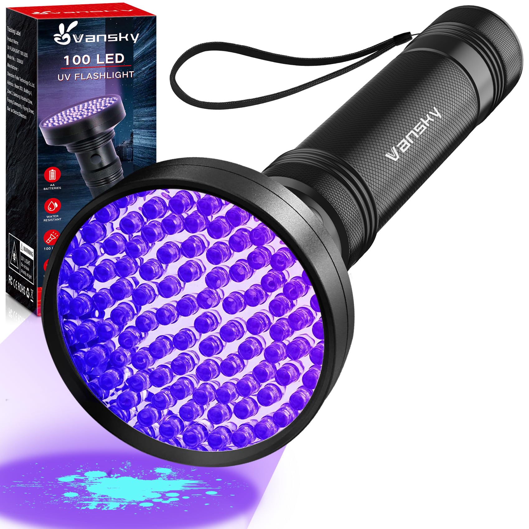 VanskyBlack Light UV Flashlights, Ultra Bright 100 LED 395nm Ultraviolet Blacklight Detector for Dog Cat Pet Urine, Dry Stains and Bed Bug, Matching with Pet Odor Eliminator