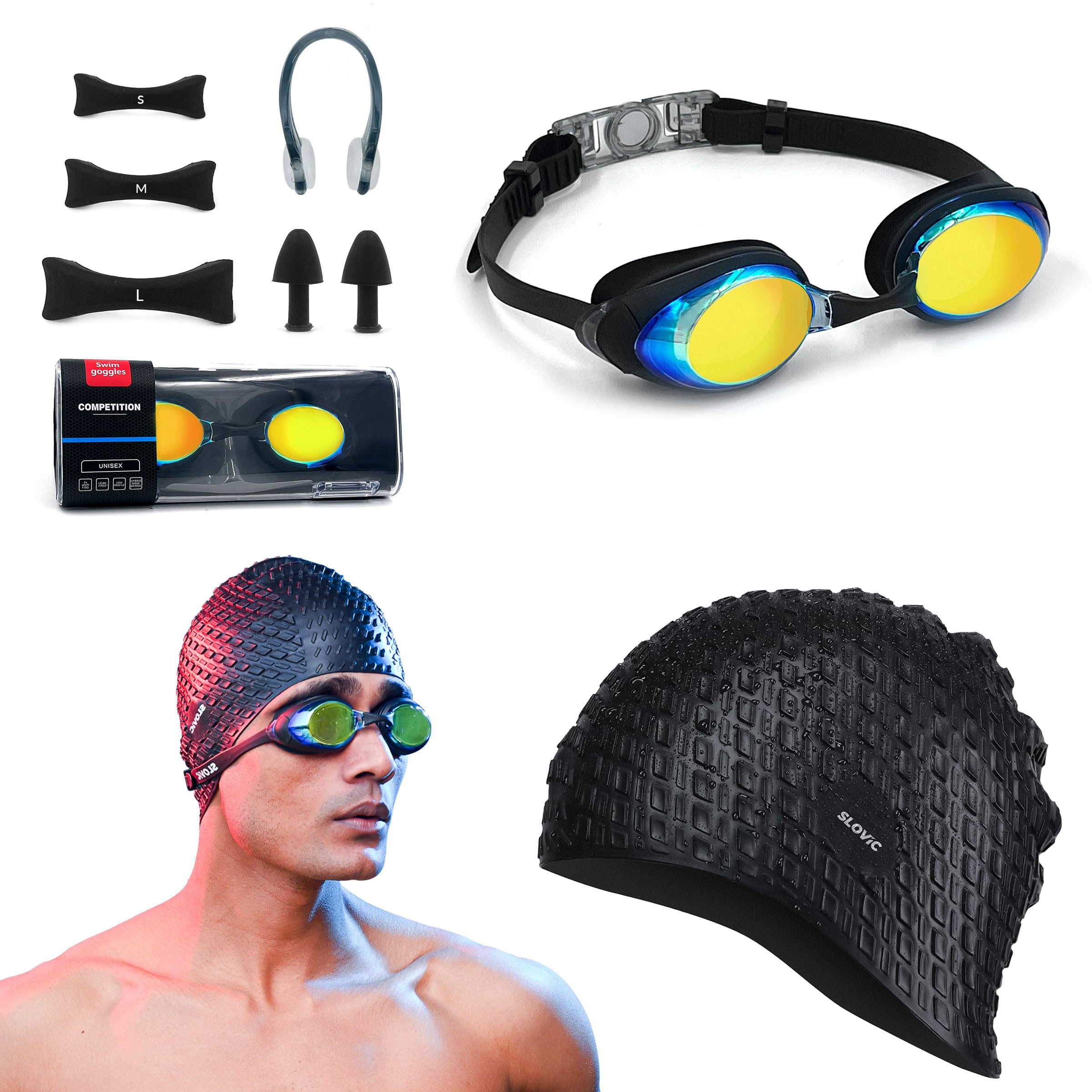 SLOVIC Black Swimming Goggles with Black Embossed Swimming Caps for Men & Women with Detachable Silicone Nose Bridge | Free Size Cap, Anti-Fog UV-Protected Polarized Glasses with Ear Plugs & Nose Clip