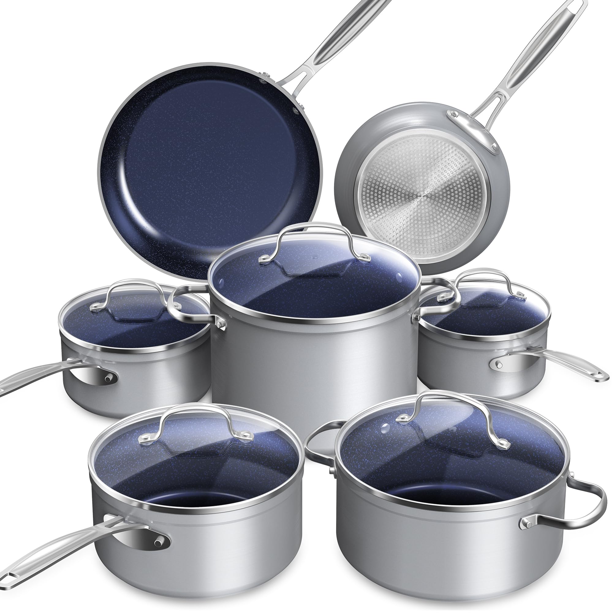 Nuwave Healthy Duralon Blue Ceramic Nonstick Cookware Set, Diamond Infused Scratch-Resistant, PFAS Free, Dishwasher & Oven Safe, Induction Ready & Evenly Heats, Tempered Glass Lids & Stay-Cool Handles