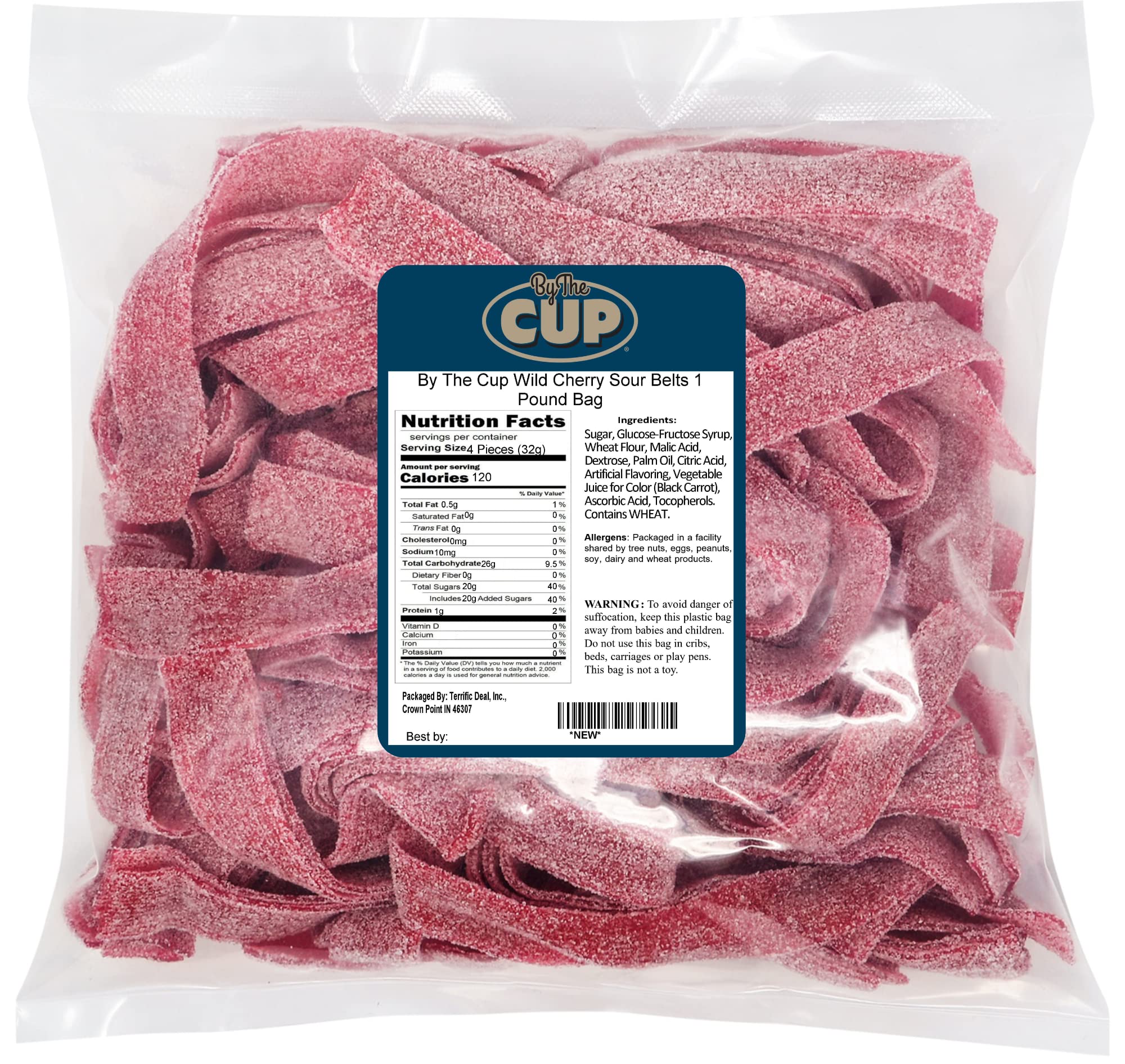 By The Cup Sour Power, Wild Cherry Sour Belts, 1 lb Bulk Bag