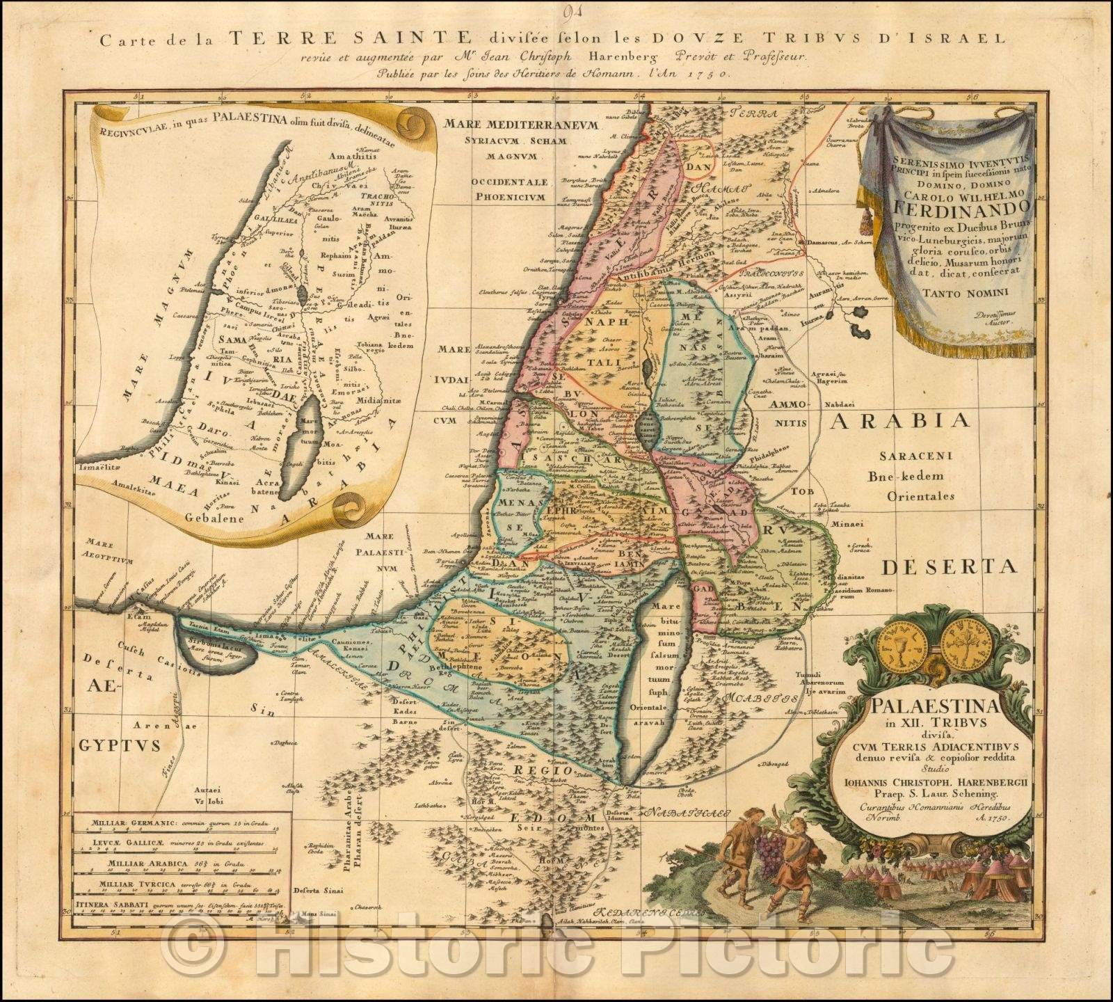 Historic Map - Palaestina in XII Tribus divisa, Cum Terris Adiacentibus denuo revisa :: Holy Land, Colored According to The Lands of The 12 Tribes, 1750 - Vintage Wall Art 44in x 40in