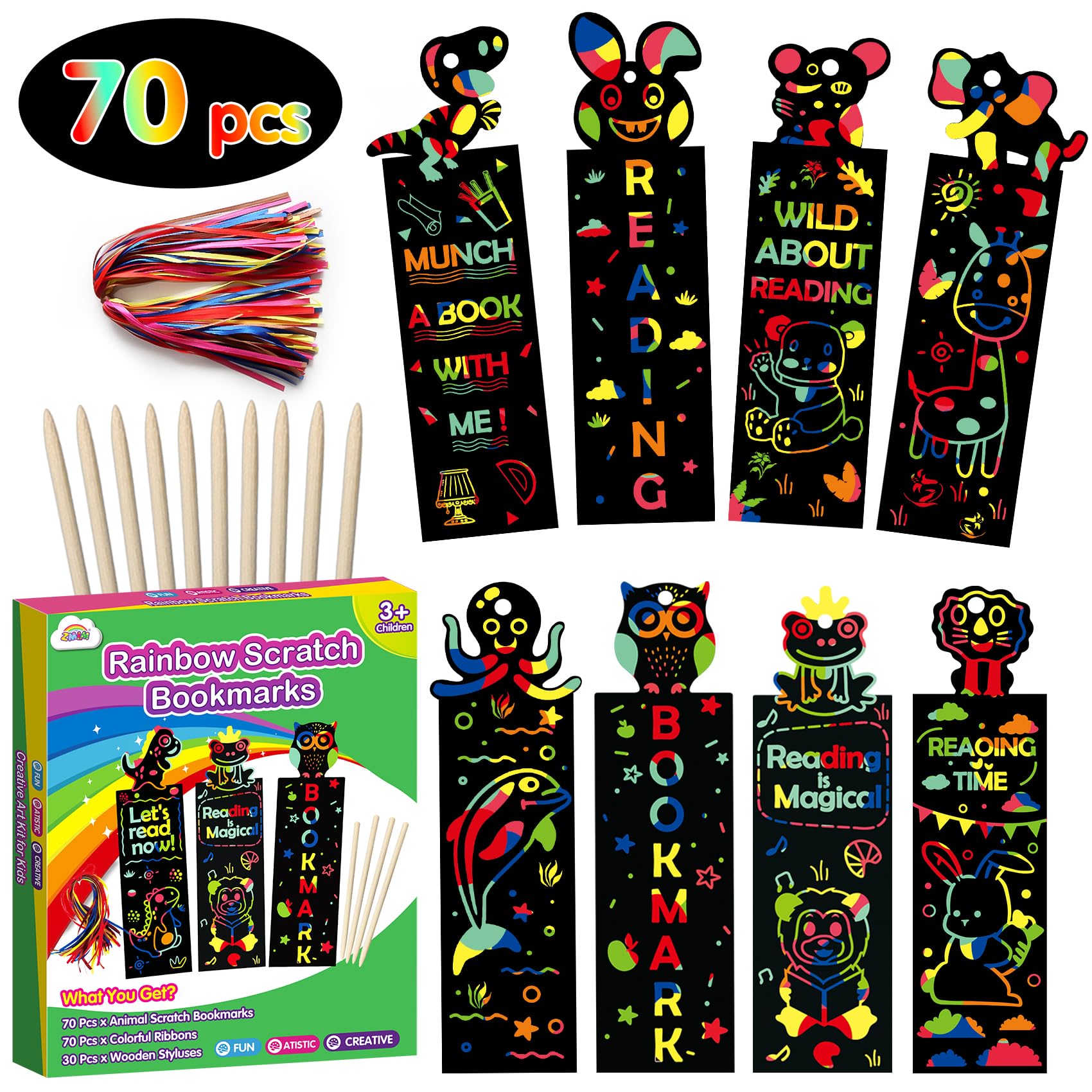 ZMLM Animal Scratch Bookmarks for Kids: 70 Pcs 14 Style Magic Scratch Rainbow Bookmarks Making Kit for Girls Boys Party Favor Classroom Activity DIY Scratch Paper Art Craft Bulk for Birthday Christmas