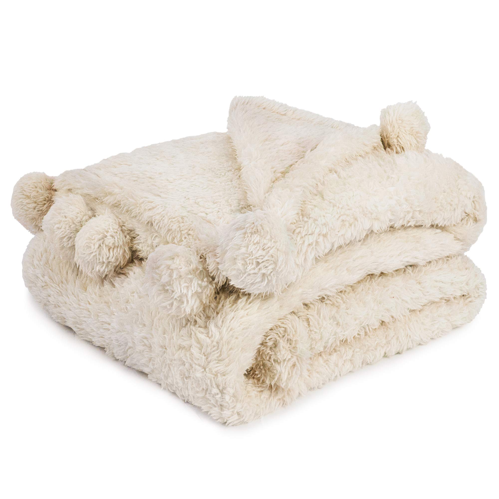 PAVILIACream Sherpa Throw Blanket for Couch, Warm Plush Pom Pom Blanket Throw, Ivory Fuzzy Sofa Throw, Lightweight Soft Cozy Fluffy Blanket with Pom Poms, Beige, 50x60