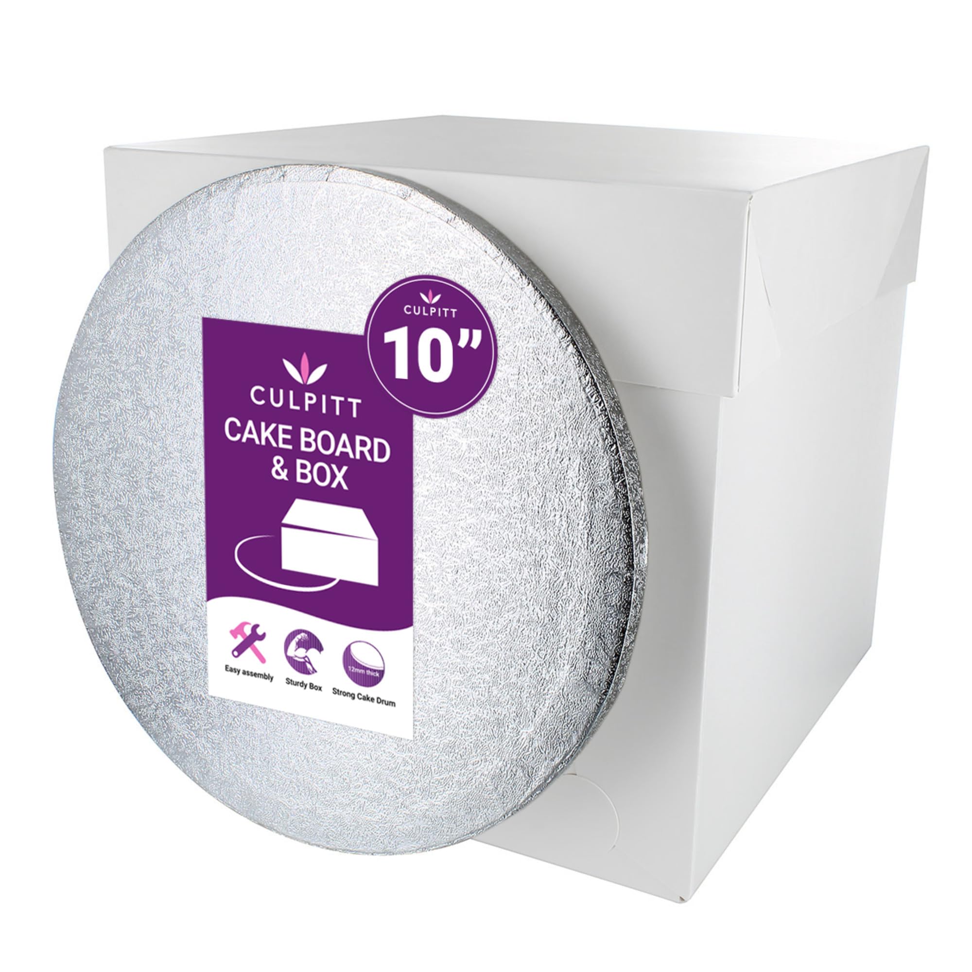 Culpitt 10" Round Silver Cake Drum Board & Tall White Cake Box Combo, 10 x 10 x 10 Inch Square Box and Matching Cake Circle Set For Tiered or Decorated Cake Transport