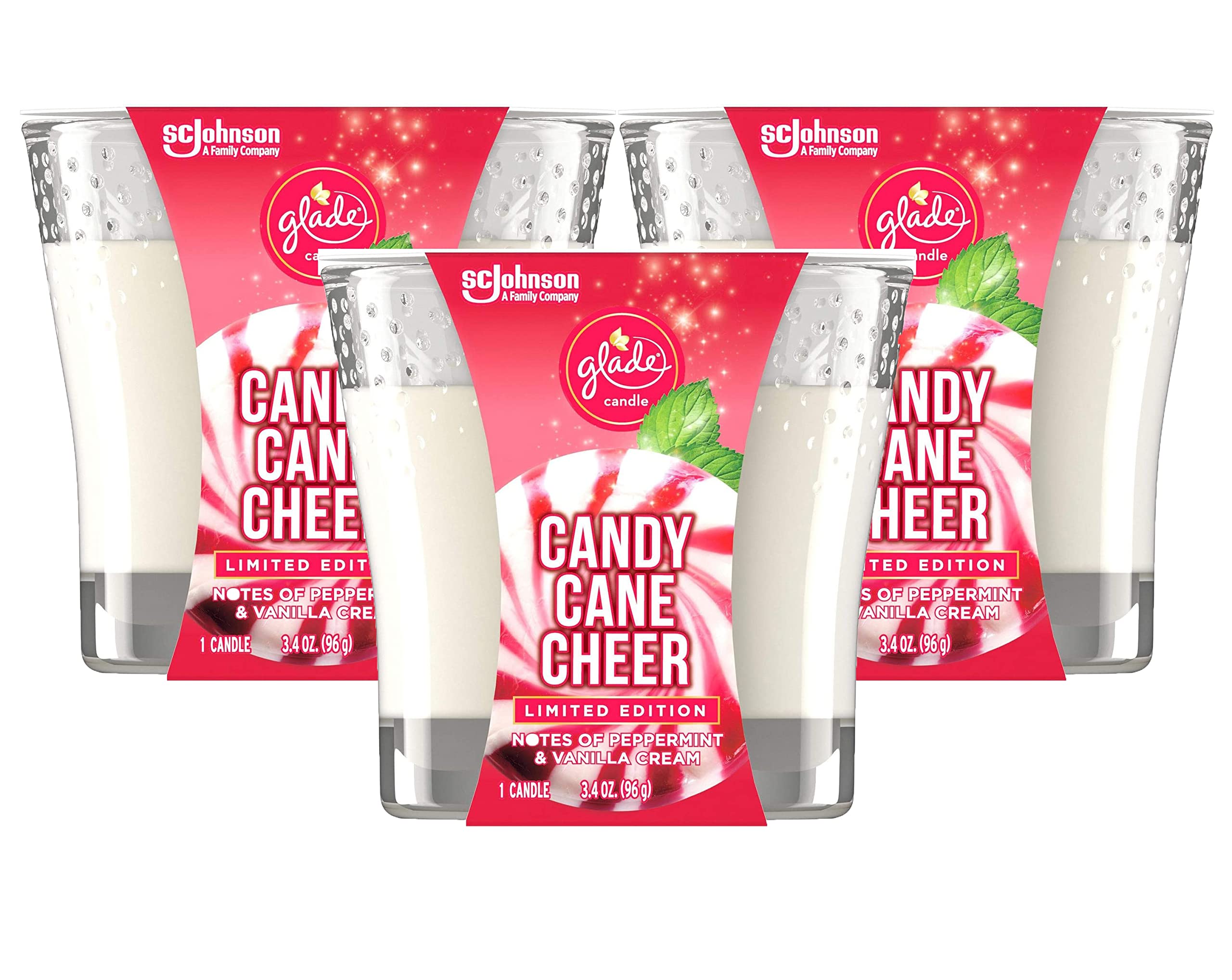 Glade Jar Candles, Fragrance Candles Infused with Essential Oils, Air Freshener Candles, 3 Candles 3.4 Oz (Candy Cane Cheer)