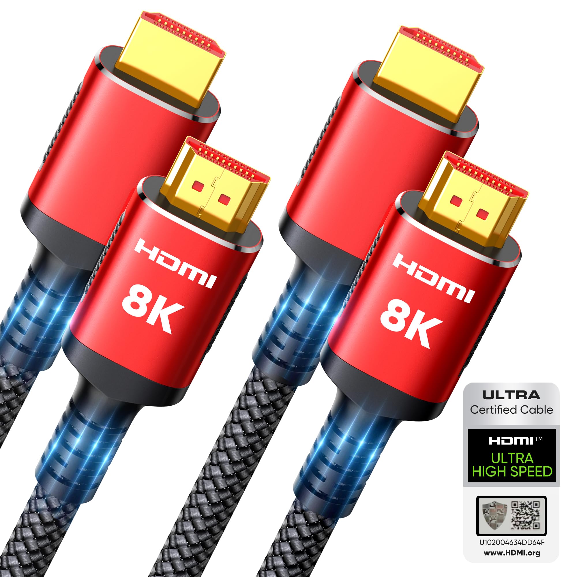 Snowkids 10K 8K Certified HDMI 2.1 Cable 10FT 2-Pack, 48Gbps Ultra High Speed HDMI Braided Cord, Support 8K@60Hz 4K@120Hz, HDCP 2.2&2.3,eARC,Dynamic HDR,Compatible with Roku TV/HDTV/PS5/Blu-ray