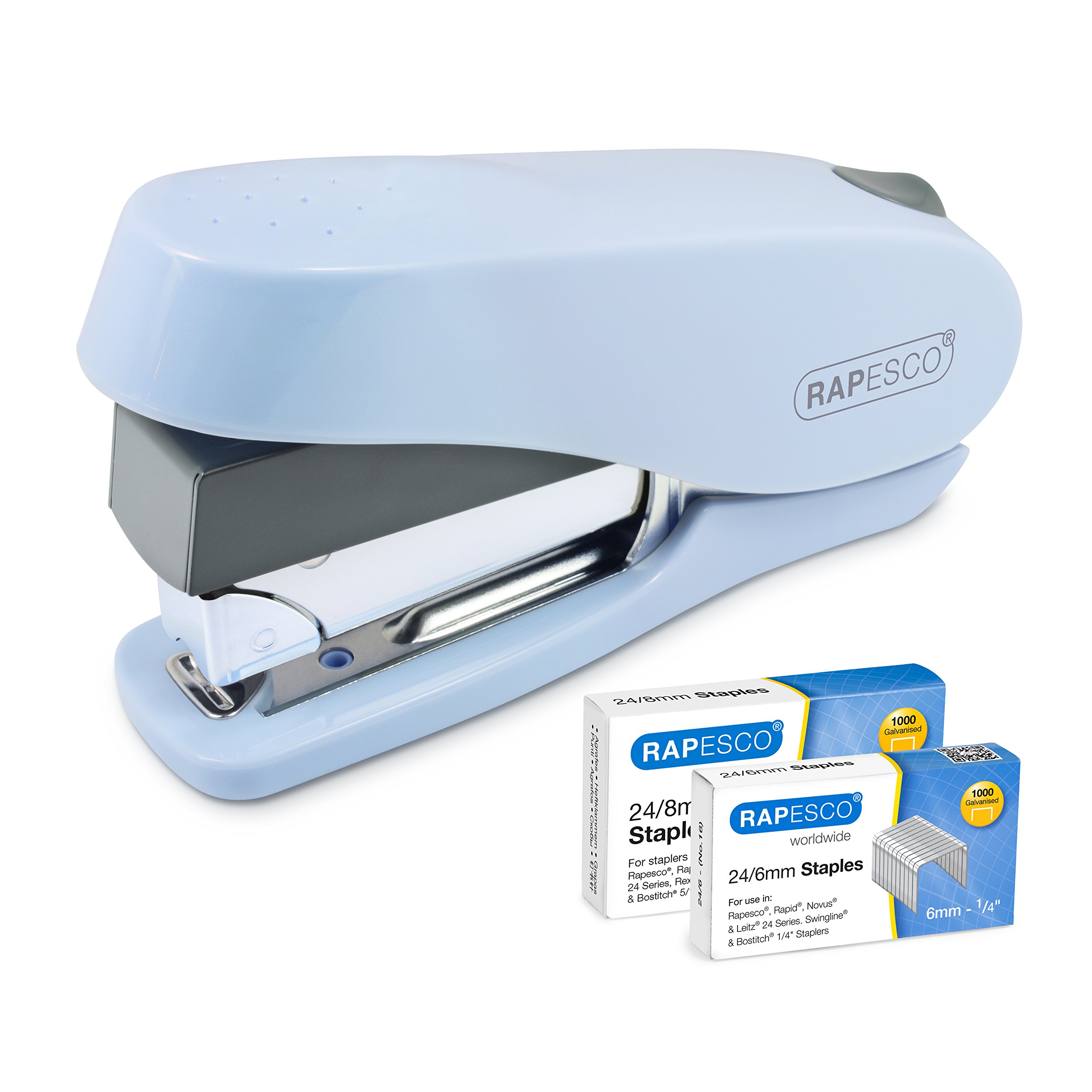 Rapesco1469 Luna Less Effort Stapler with 2000 Staples, 50 Sheet Capacity, Powder Blue