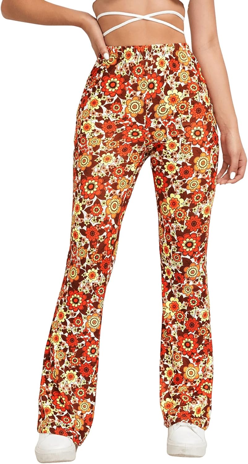 60s Pants, Jeans, Hippie, Flares | 60s Jumpsuits, Overalls SOLY HUX Womens Floral Print Elastic High Waisted Flare Leg Bell Bottom Long Pants  AT vintagedancer.com