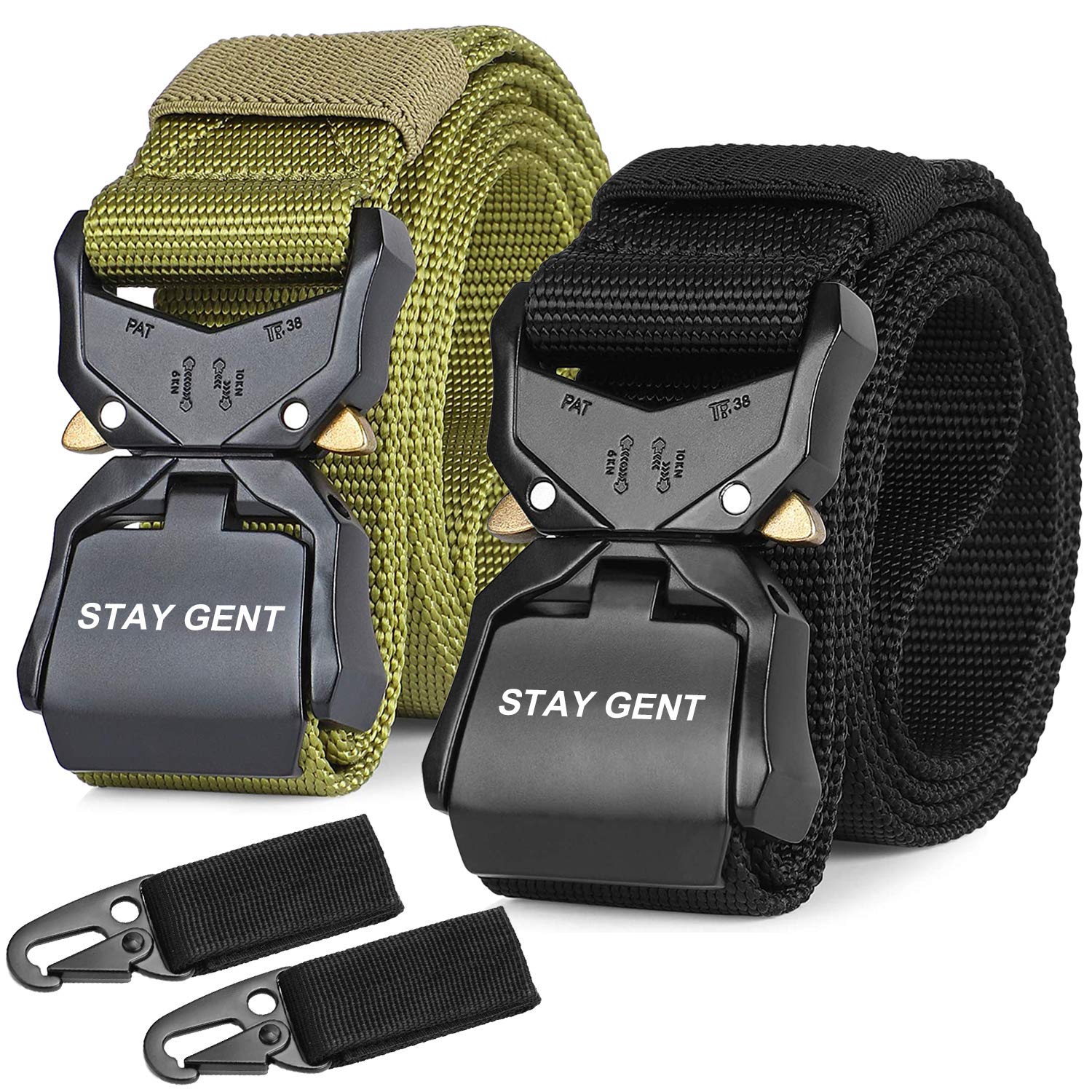 STAY GENT 2 Pack Tactical Belt for Men, Black Quick Release Military Style Belts with Buckle, Heavy Duty Nylon Webbing Work Belt for Outdoor Activities and Utility, Green and Black