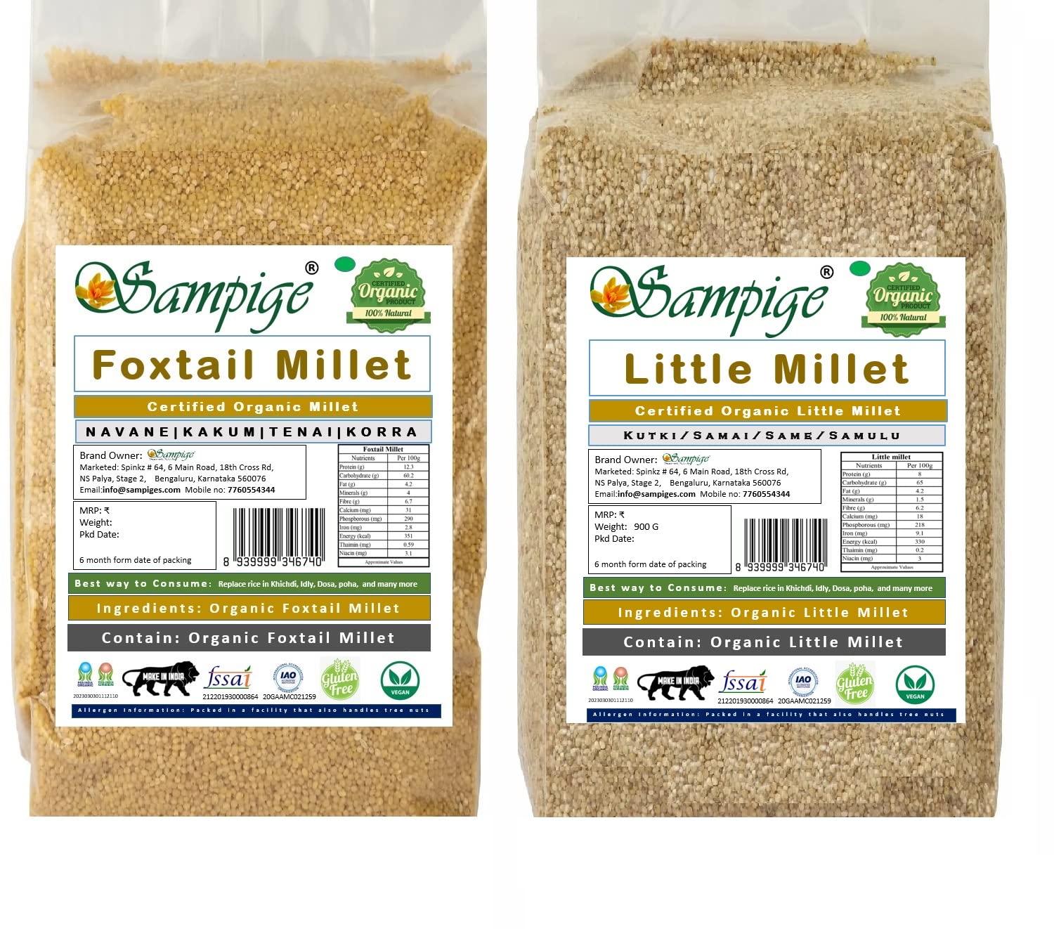 Sampige Certified organic foxtail millet and certified organic little millet| Nutrient-Rich Delights: Harnessing the Power of Foxtail Millet and Little Millet for Wholesome Wellness 400 X 2 (800 gram)