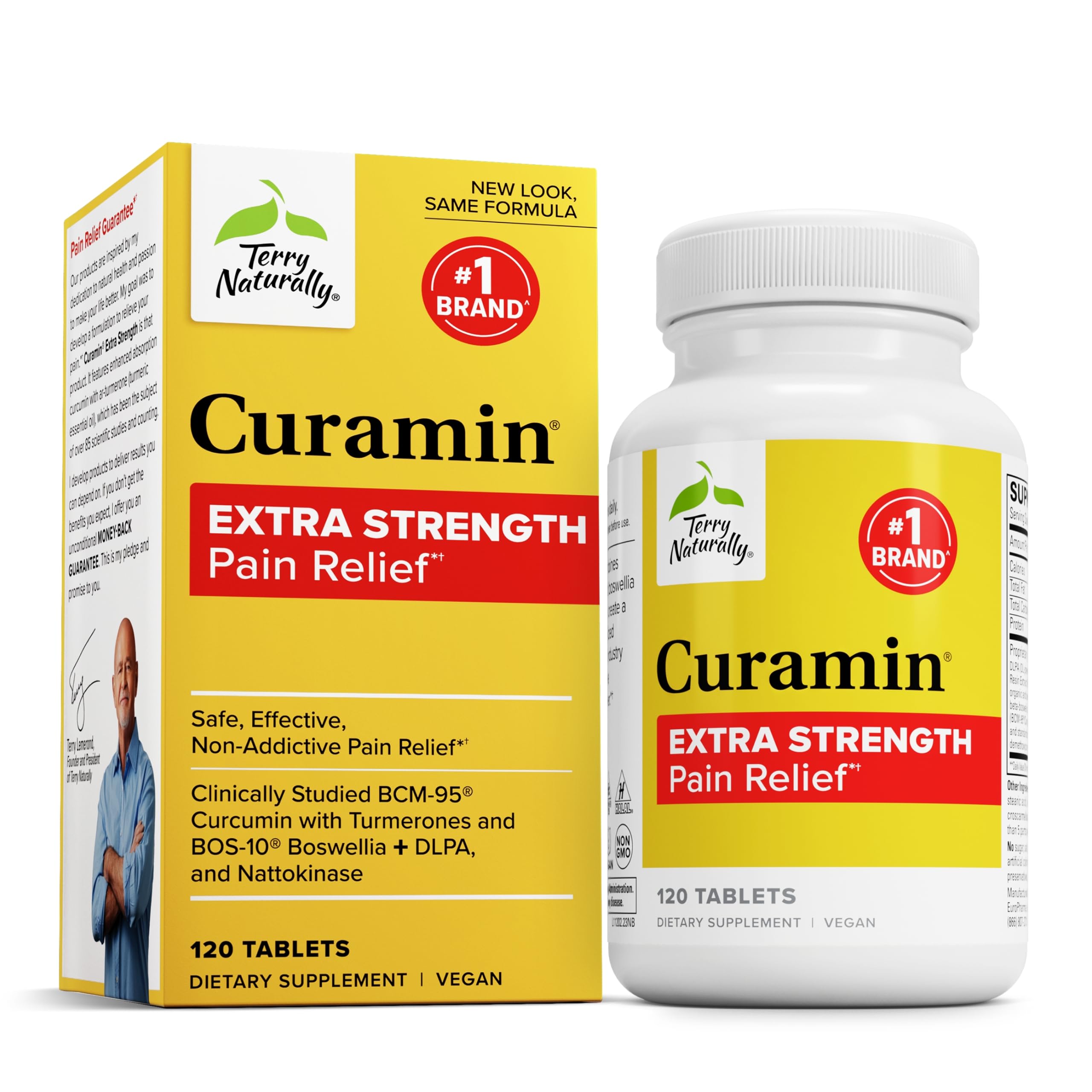 Terry Naturally Curamin Extra Strength - 120 Tablets - Non-Addictive Pain Relief Supplement with Curcumin, Boswellia, DLPA & Nattokinase - Non-GMO, Vegan - 40 Servings