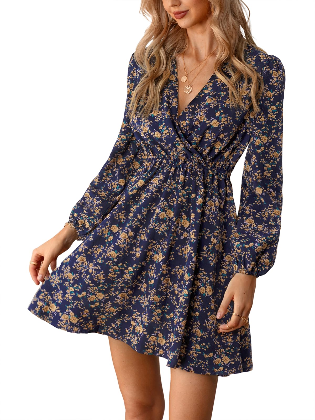 CUPSHE Women's V Wrap Dress Neck Ditsy Floral Mini Dress Long Sleeve A Line Dress Surplice Short Dress