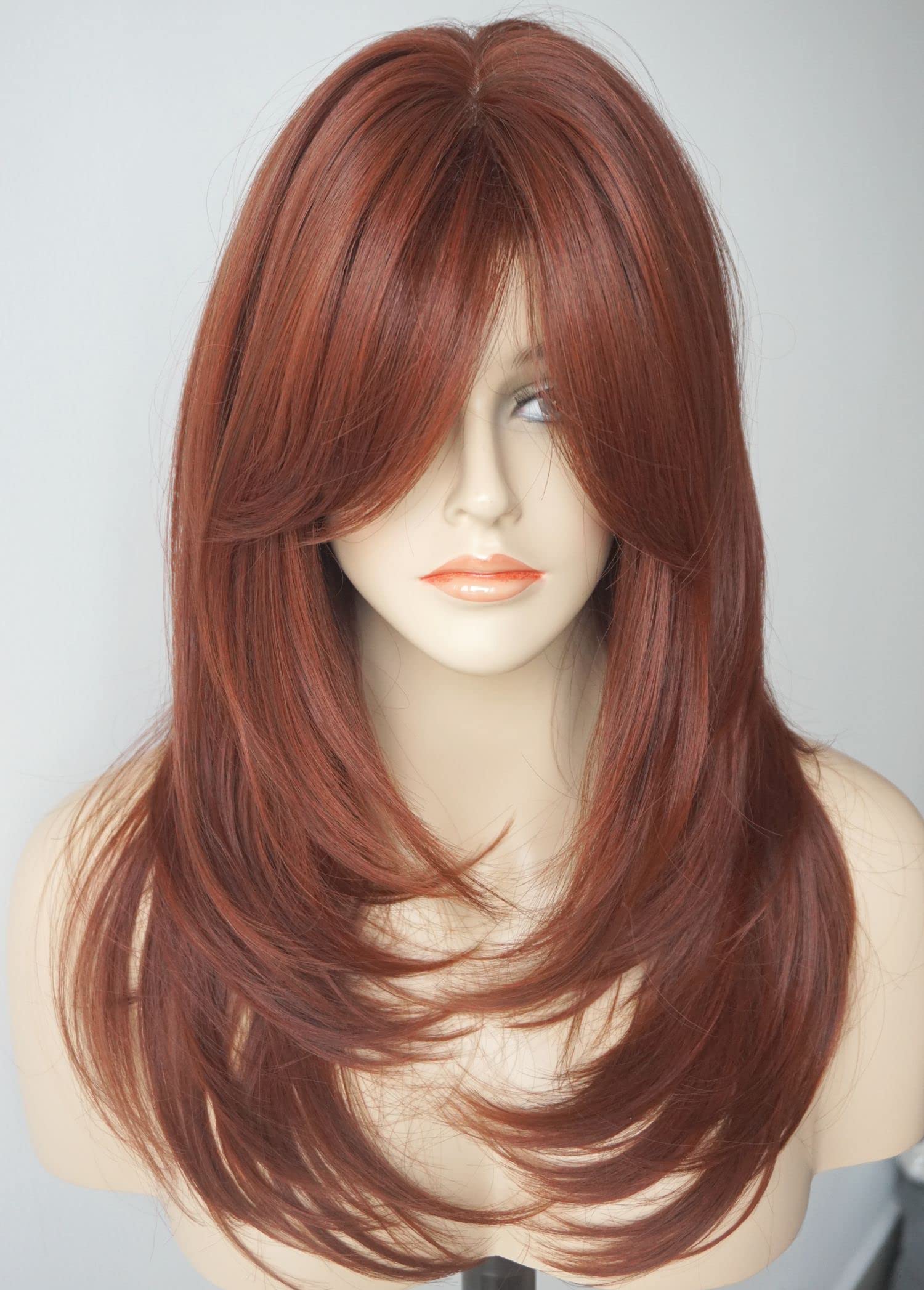 Long Layered Copper Brown wig Synthetic wig layered Auburn Wigs with side bangs for White Women (3315)