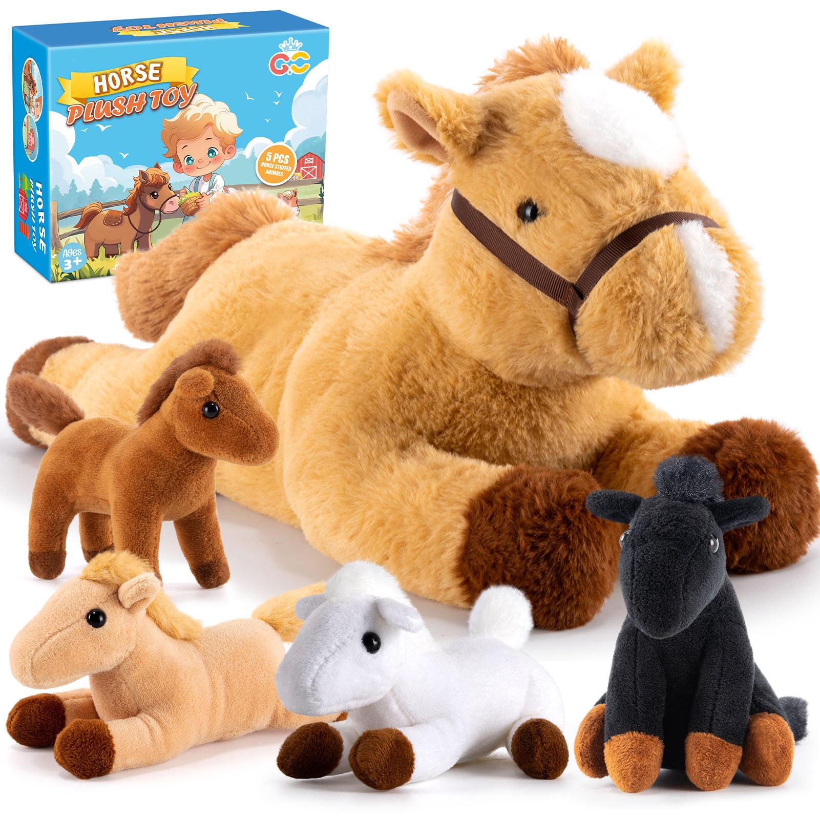 Toyssa Horse Gifts for Girls Horse Teddy Toy Stuffed Mommy Horse with 4 Baby Horses in Her Tummy Plush Horse Soft Toys Birthday Gift Present for Kids Girls 3 4 5 6 7 8 Year Old