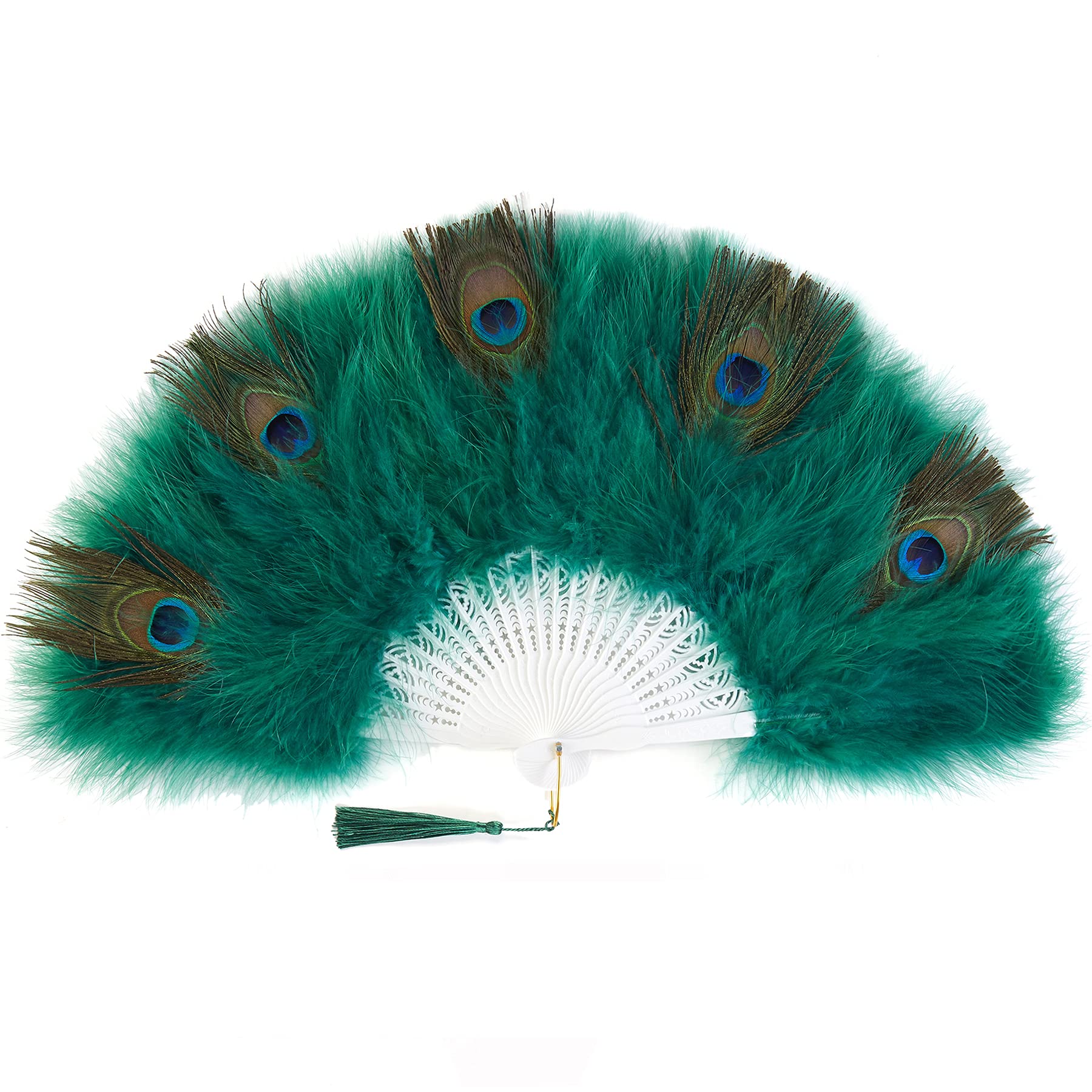 BABEYOND Roaring 20s Vintage Style Folding Handheld Flapper Marabou Feather Hand Fan for Costume Halloween Dancing Party Tea Party Variety Show 11 Inches X 20 Inches (Peacock Dark Green)