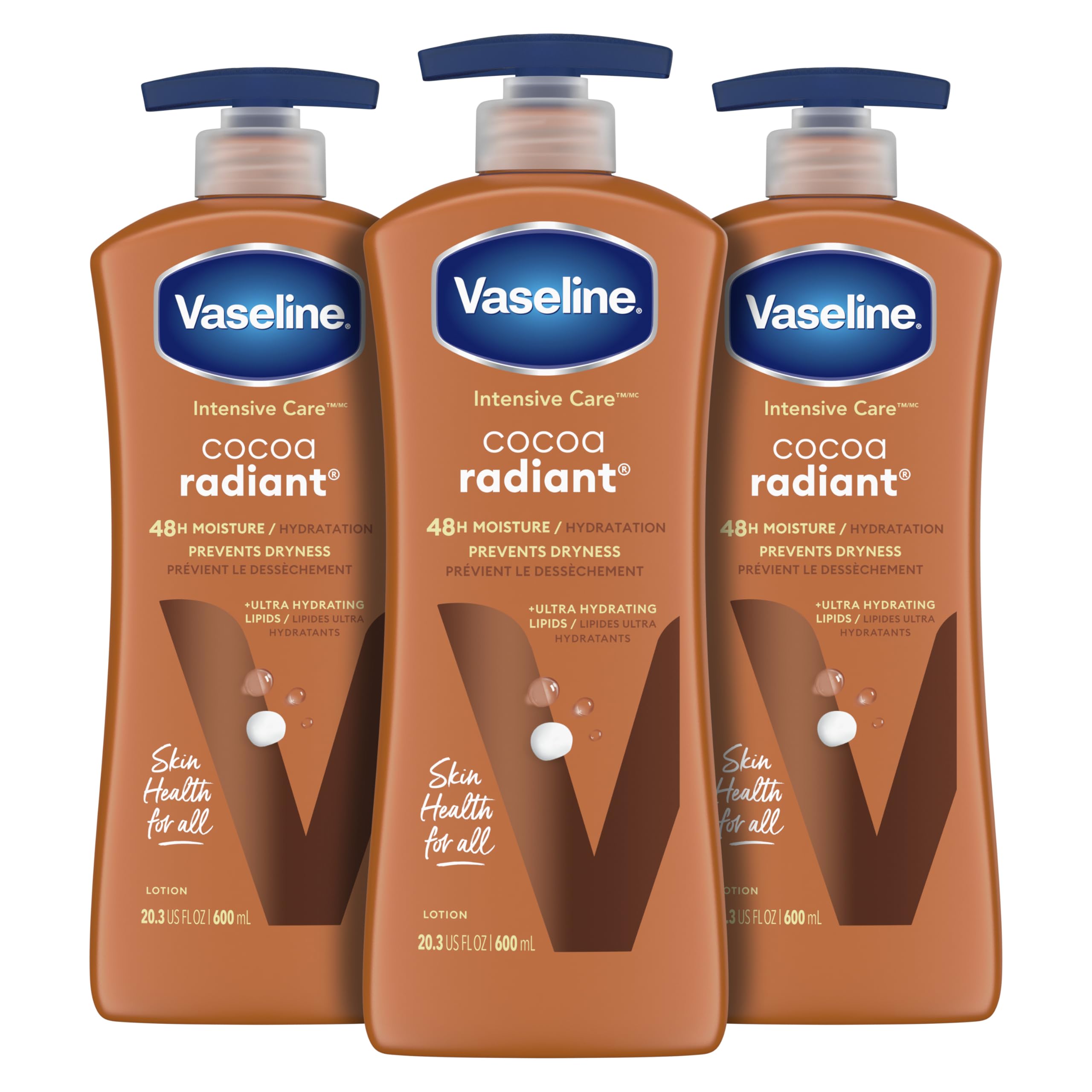 Vaseline Intensive Care Body Lotion Cocoa Radiant 3 count for Dry Skin Lotion Made with Ultra-Hydrating Lipids and Pure Cocoa Butter for a Long-Lasting, Radiant Glow 20.3 Oz