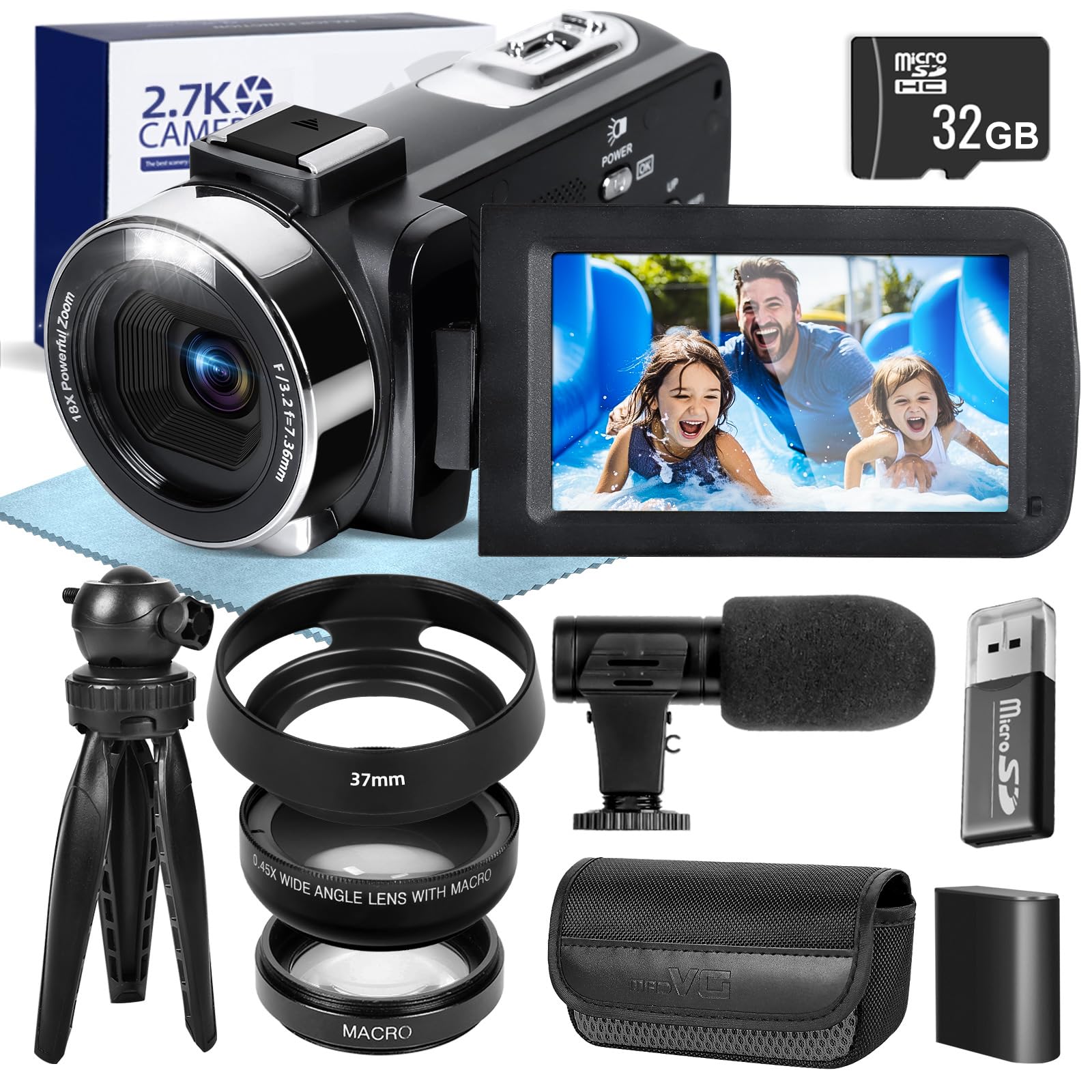 Camcorder Video Camera for Vlogging and YouTube, 2.7K Resolution, External Microphone, Wide-Angle & Macro Lens, Multiple Shooting Modes, Rich Accessories