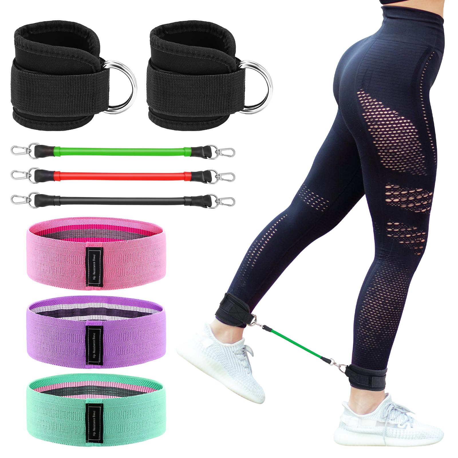 FACULX Ankle Resistance Bands with Cuffs Set Leg Resistance Bands, Elastic Glute Exercise Workout Equipment, Butt Bands for Women Home Gym Fitness, Stretching, Strength Training