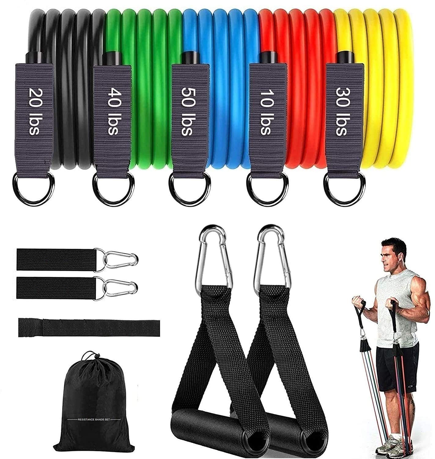 LEEWAY Resistance Band Set of 11, Exercise, Stretching and Workout Toning Tube Kit with Handles, Door Anchor, Ankle Strap| Resistant Band for Workout at Home/ Gym for Men, Women (Natural Latex) INDIAN