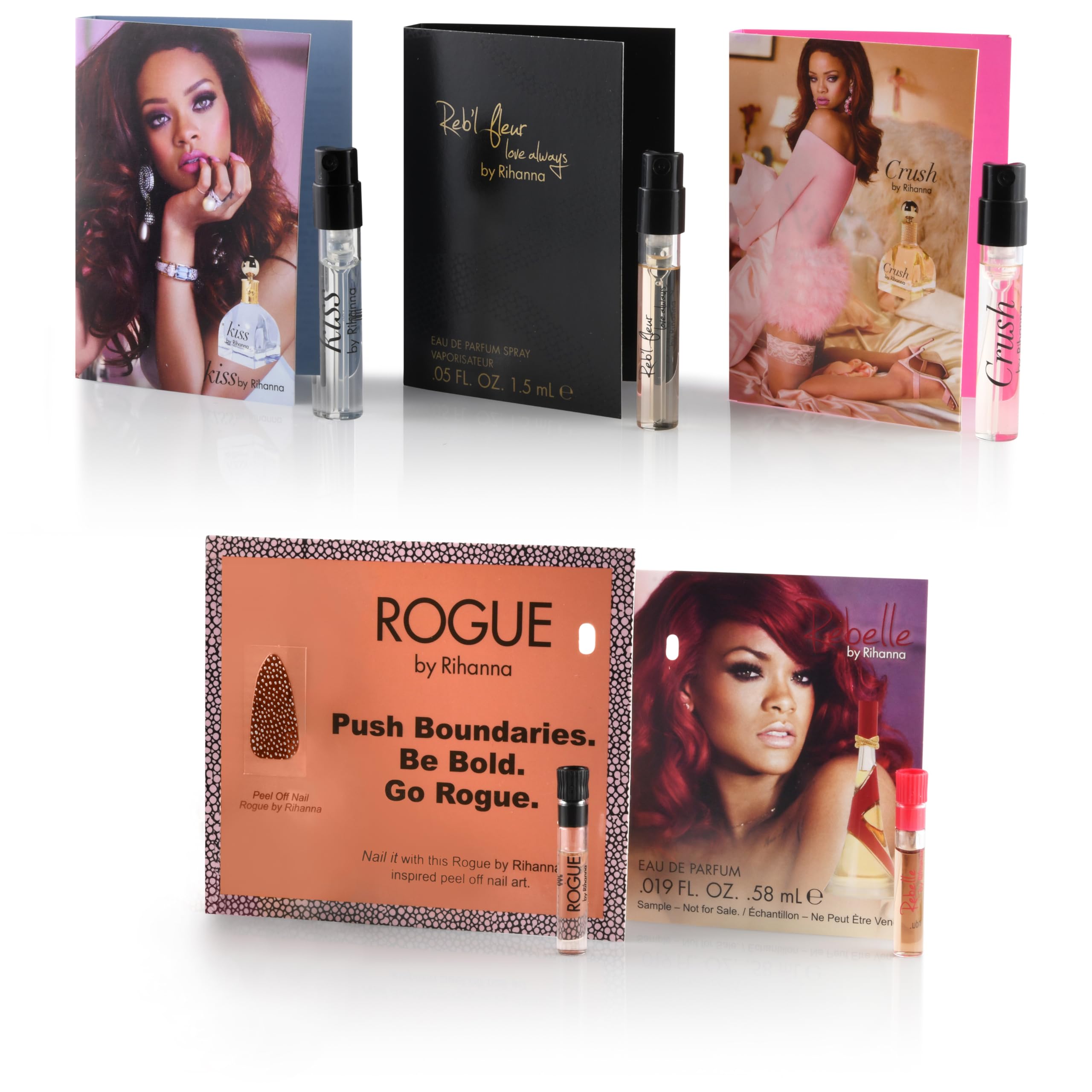 5 Rihanna perfume samples for women: Crush, Reb'l Fleur, Kiss, Rogue, and Rebelle. Fragrance sample vial bottles perfume Set. Great for small gift or to try before purchasing bigger bottles.