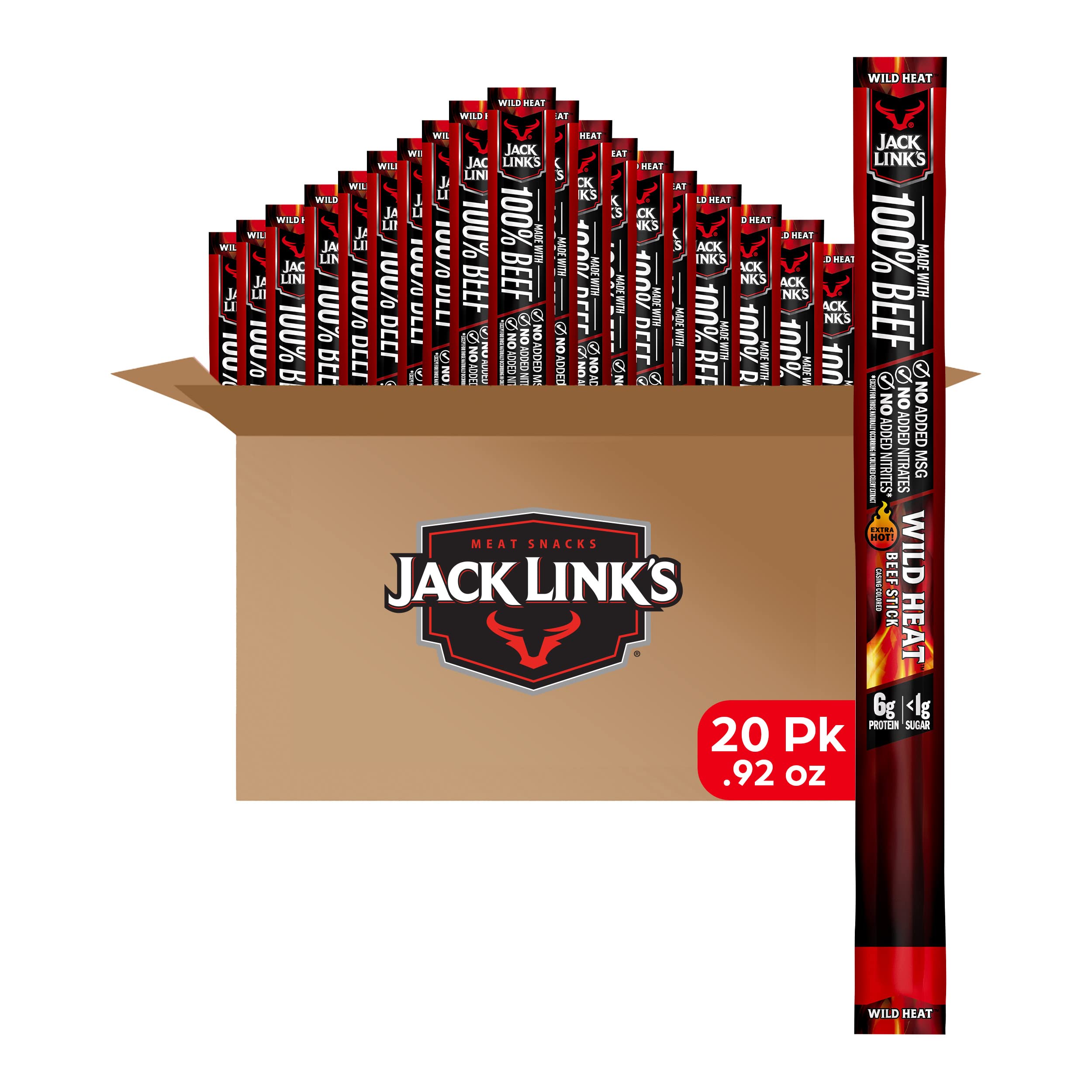 Jack Link's Beef Sticks, Wild Heat, Spicy Protein Snack, Meat Stick With 6g Of Protein, Made With 100% Beef, No Added MSG**, 0.92 Oz (Pack of 20)