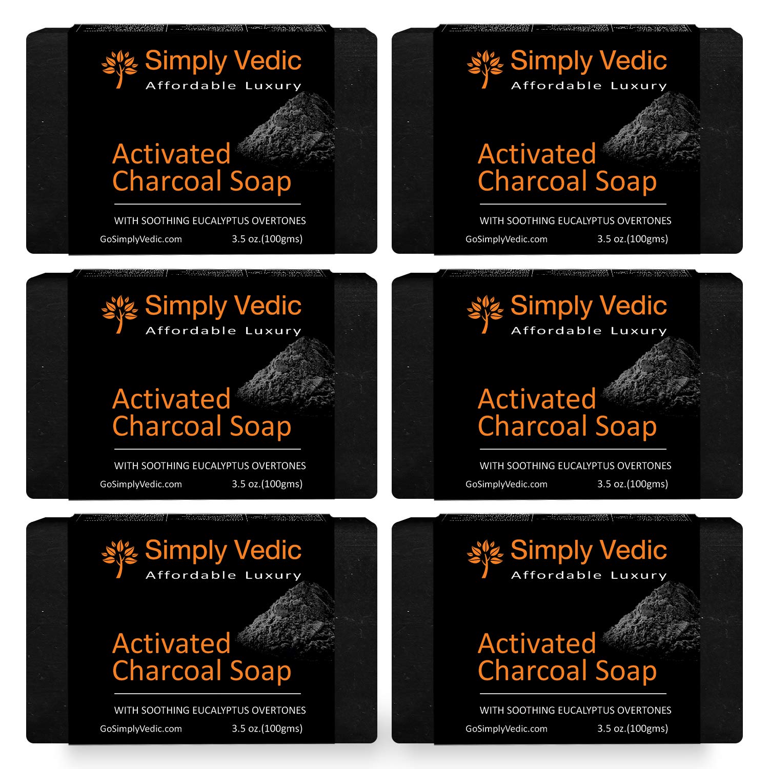 Simply Vedic 6-Pack Herbal Soap Bar Collection For Body, Hand, Face; Cold Pressed Handmade For Men & Women (3.5 Oz. X 6) (Charcoal Eucalyptus)