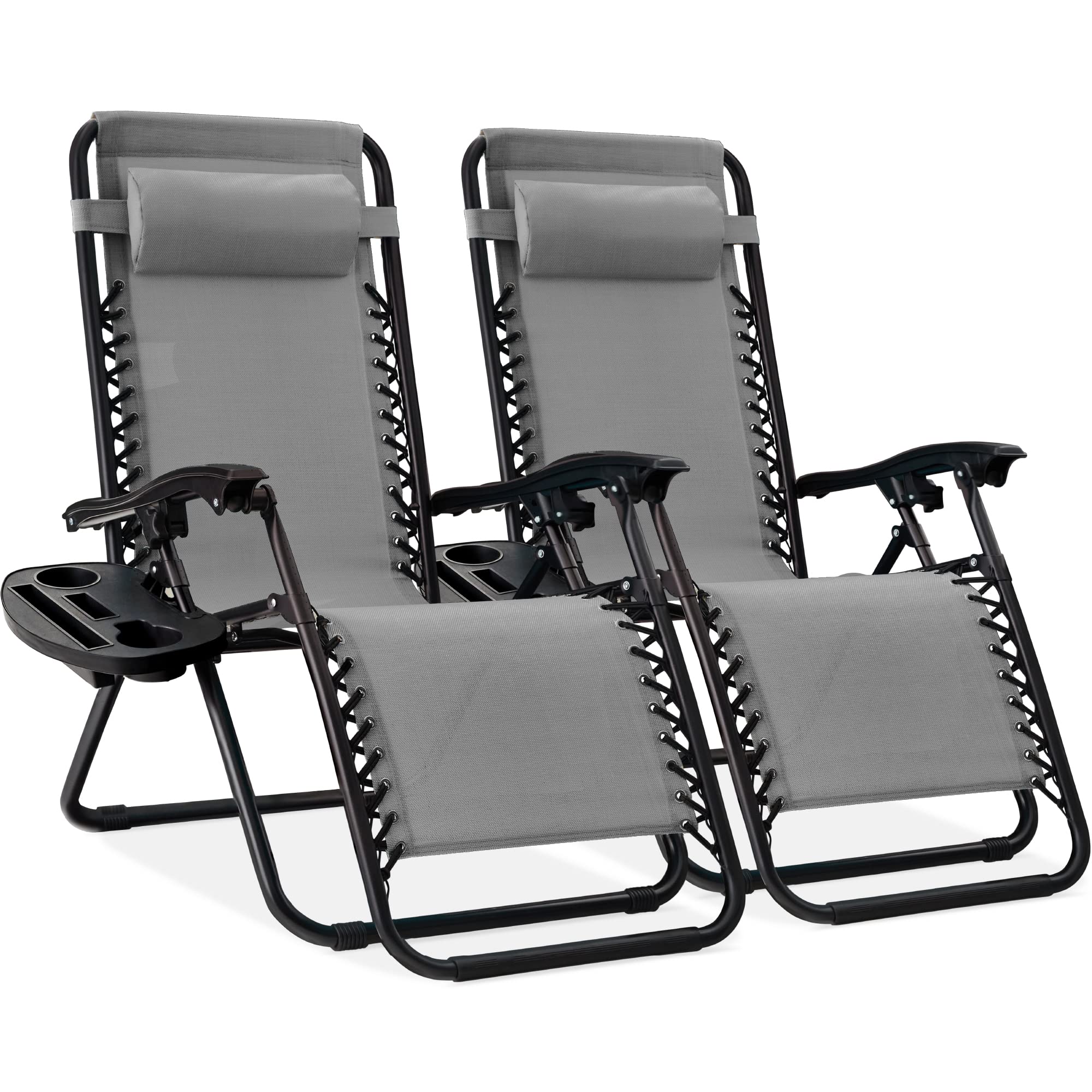 Best Choice Products Set of 2 Adjustable Steel Mesh Zero Gravity Lounge Chair Recliners w/Pillows and Cup Holder Trays - Ice Gray