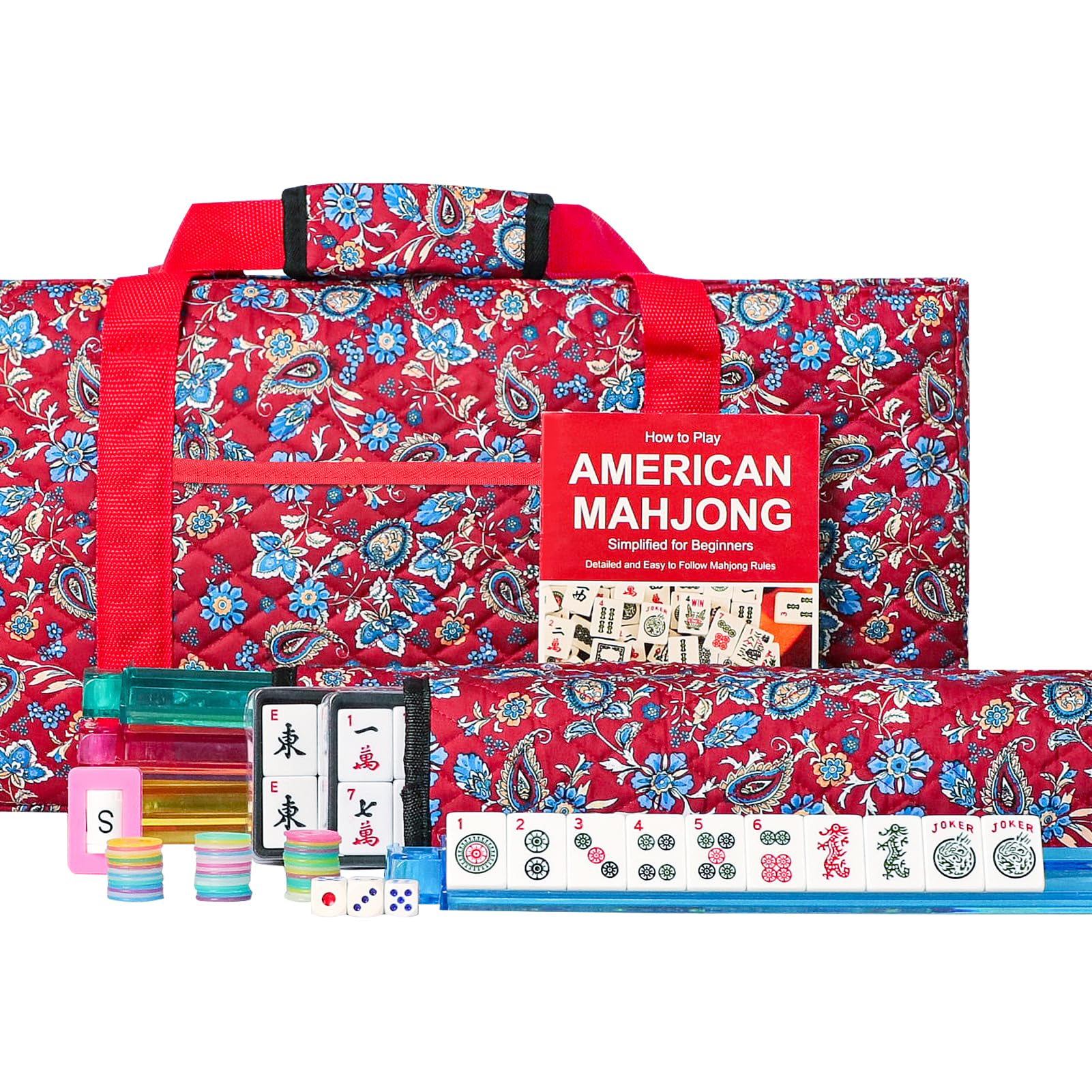 American Mahjong Set, Mahjong Tiles Set, Red Bag, 166 White Tiles, 4 All-in-One Rack/Pushers (Ma Jong, Mah Jongg, Majiang)