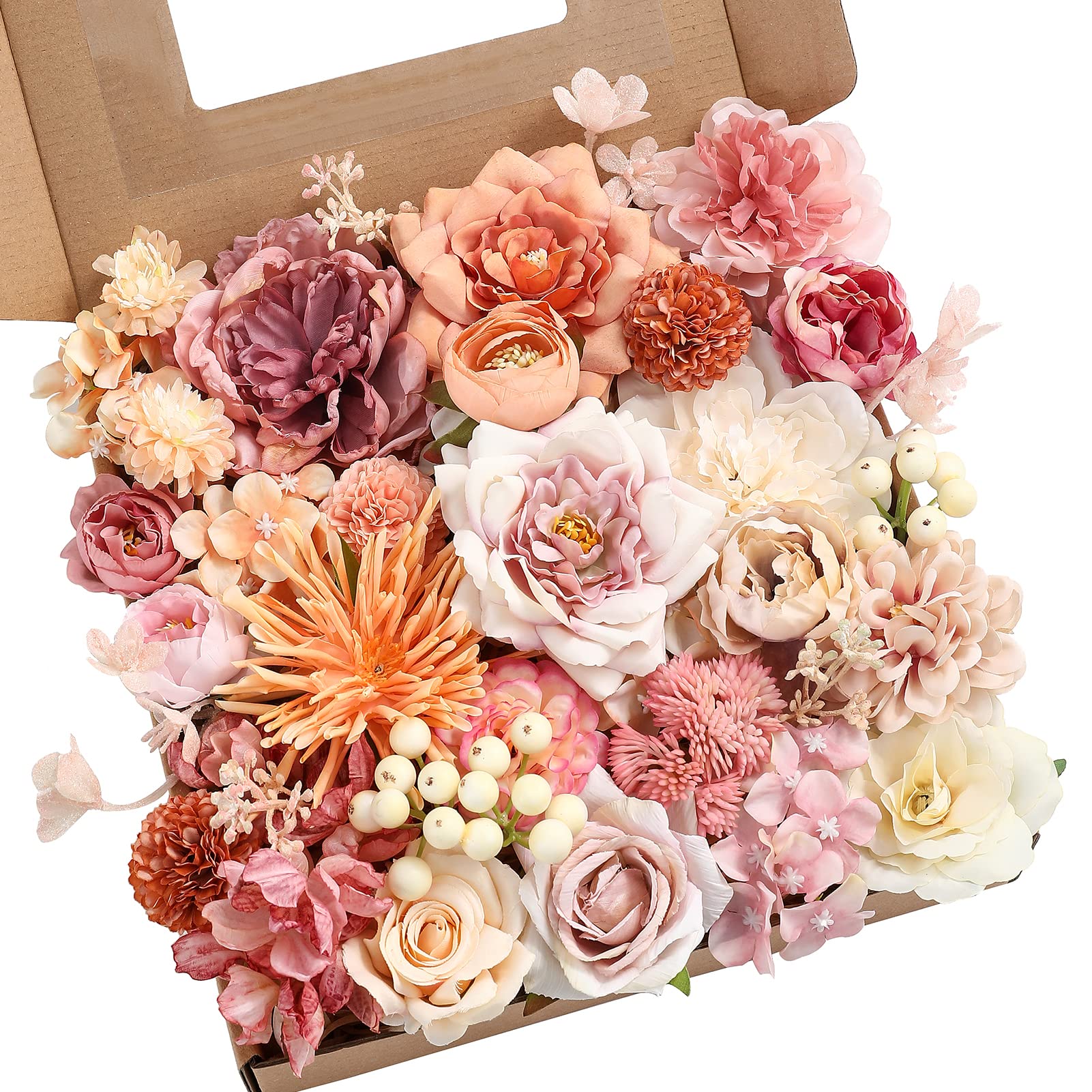 YYHUAWUArtificial Flowers Combo Set Fake Flower Leaf Box with Stems for DIY Wedding Bouquets Centerpieces Flower Arrangements Decorations Baby Shower Party Home Decorations Orange Pink