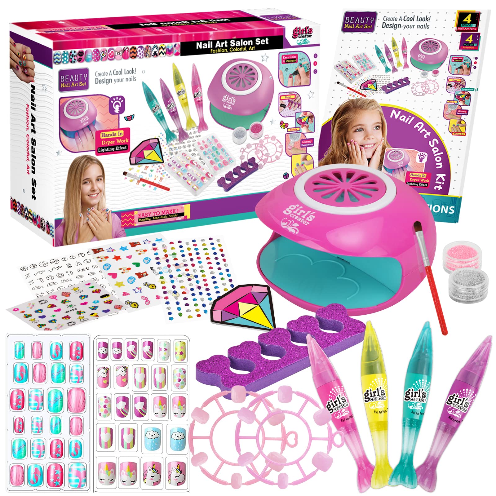 Amagoing Nail Art Kit for Girls, Kids Nail Polish Play Set with Nail Dryer, 2 in 1 Nail Pens,Sticky Cartoon Fake Nail, DIY Sticker, Nail Studio Decoration Birthday Christmas Gift for Kids Age 6-12