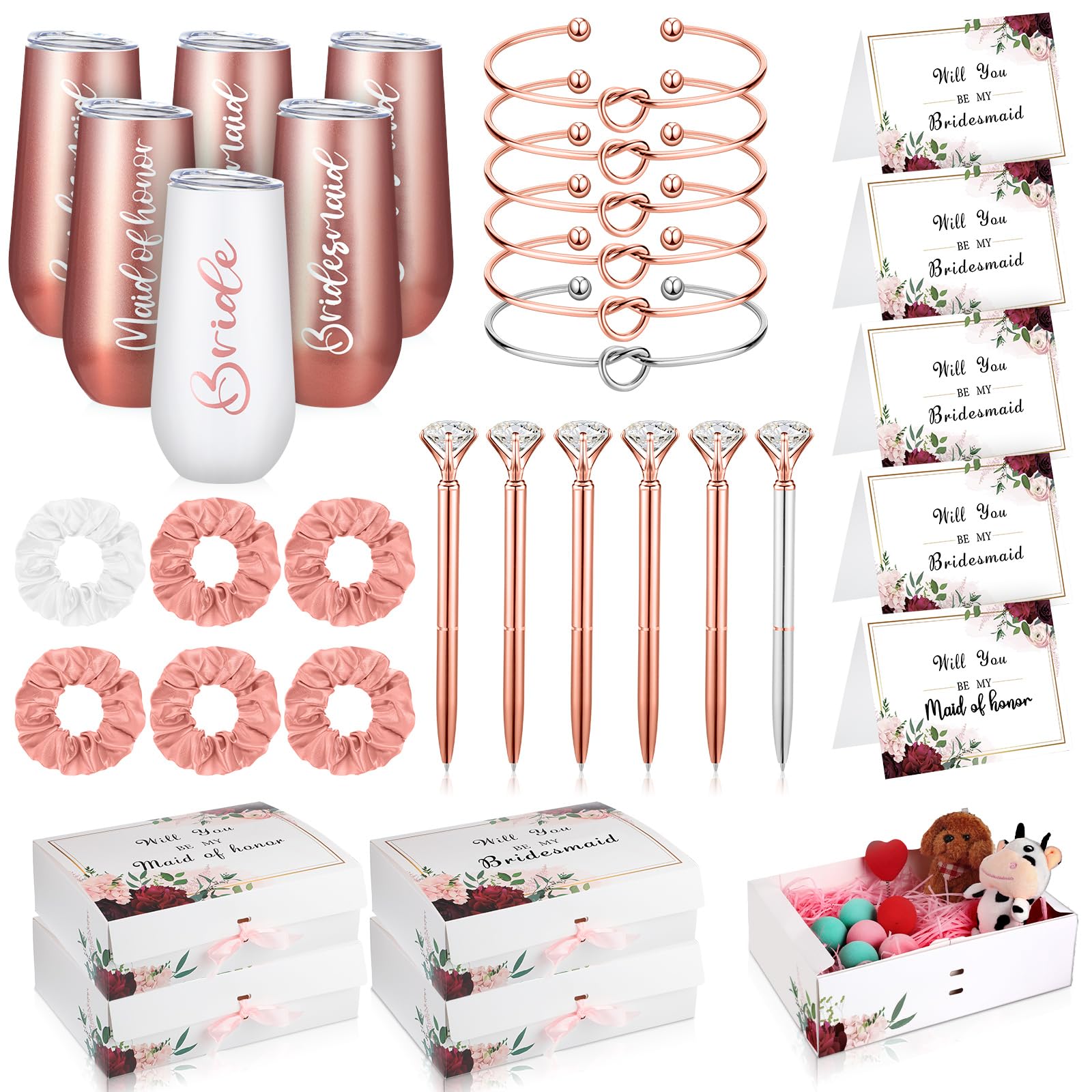 Sabary 34 Pcs Bridesmaids Proposal Gift Set Include 5 Bridesmaids Proposal Box 6 Bridesmaids Wine Tumblers 6 Love Knot Bracelets 6 Diamond Pen 5 Bridesmaid Card with 6 No Crease Hair Ties (Flowers)