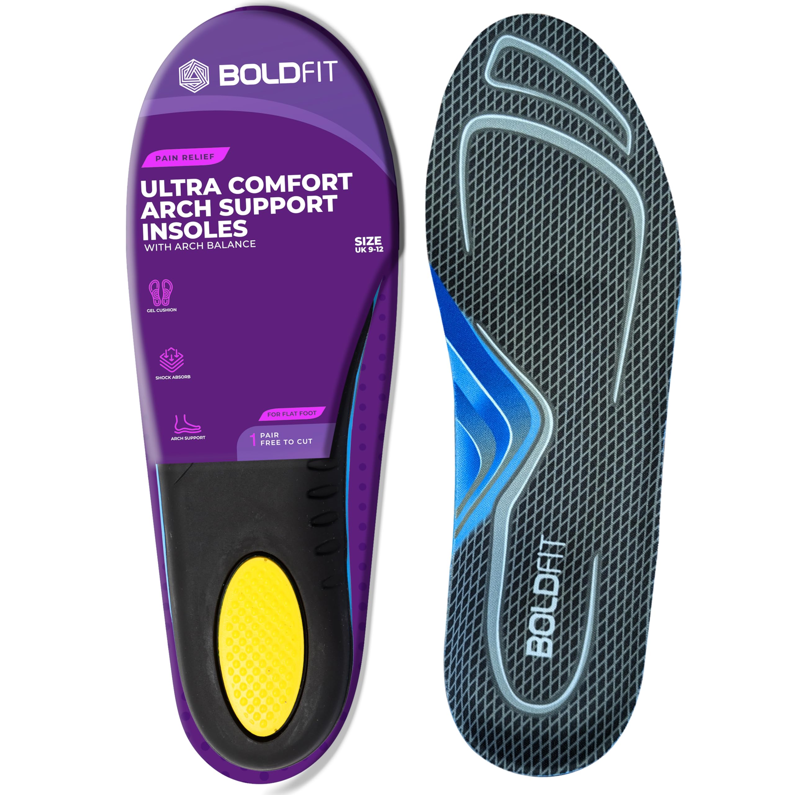 BoldfitBoldfit Arch Support For Flat Feet Silicone Insole for Shoes Flat Foot Correction insoles Orthopedic Gel Flat Feet Arch Support Insole, Plantar Fasciitis Arch Support Trim to Fit UK 9-12 for Men & Women